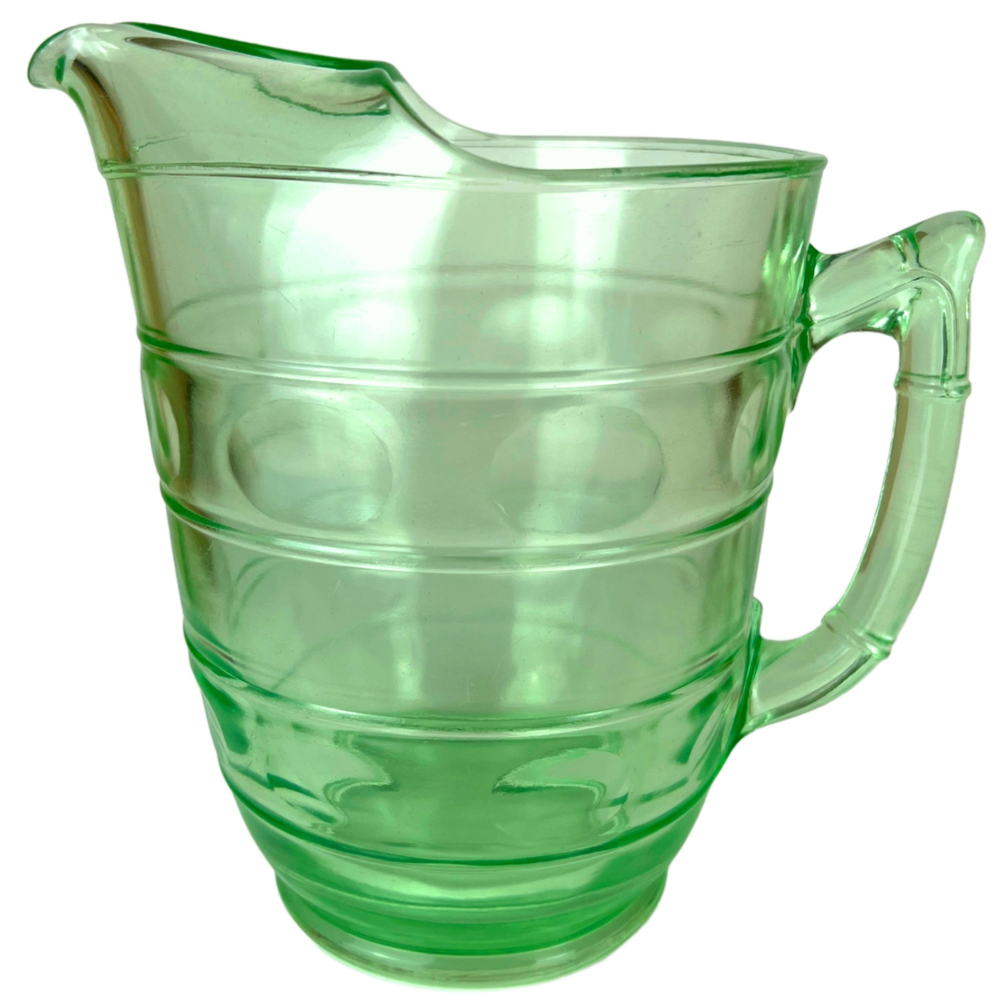 Vintage Depression Era Vaseline Glass Pitcher w Ice Lip Ovals & Rings - Poppy's Vintage Clothing