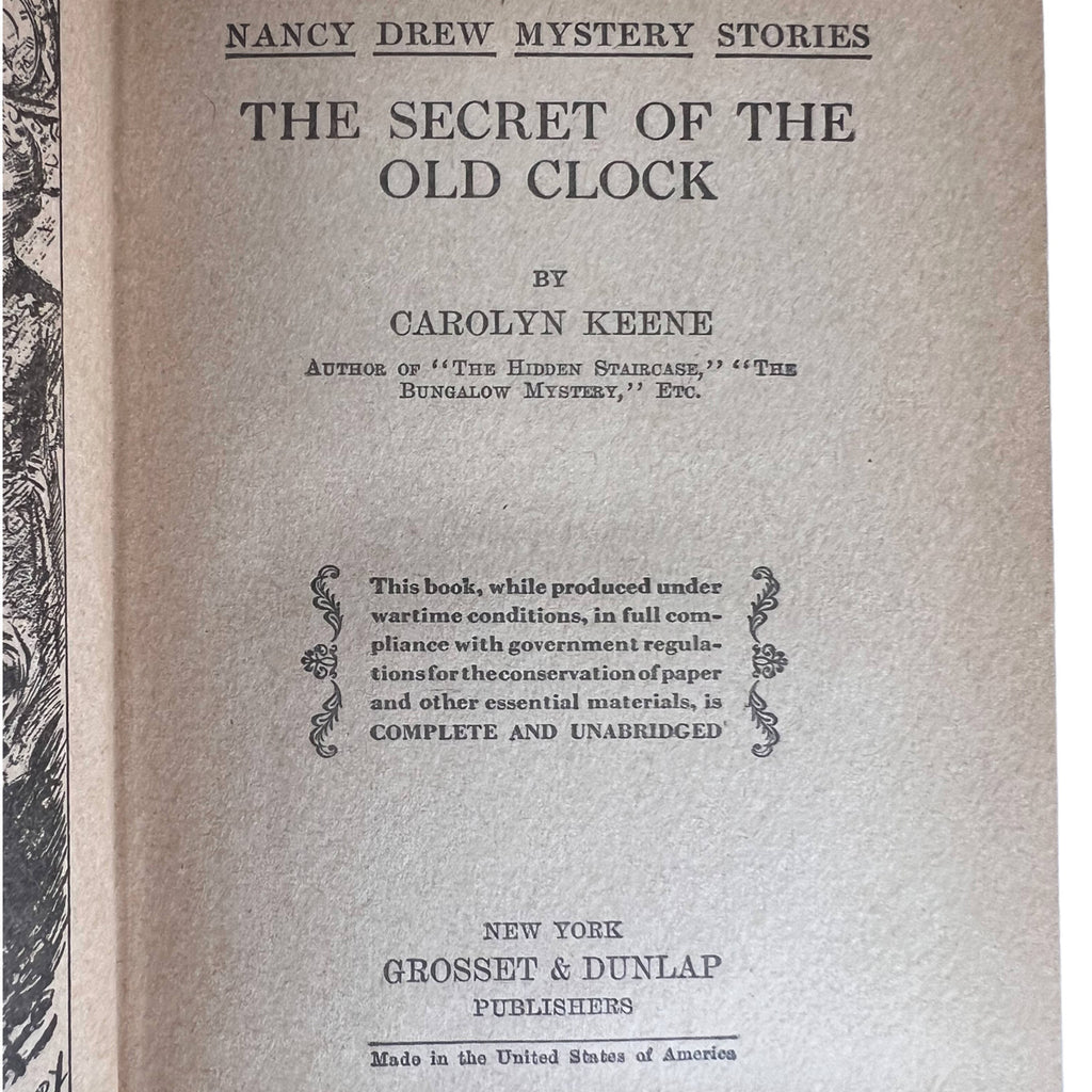 Nancy Drew Book The Secret of the Old Clock Wartime Edition 1943-45 - Poppy's Vintage Clothing