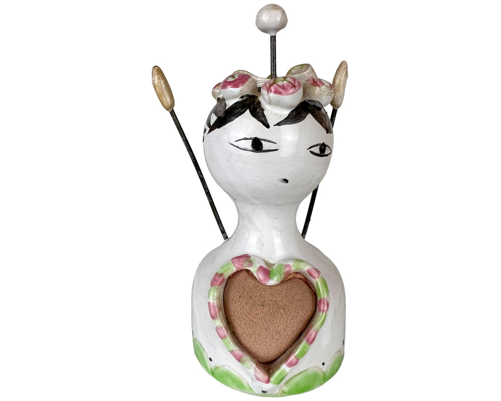 Vintage Ceramic Pincushion & Thread Holder Figural Lady Figurine - Poppy's Vintage Clothing