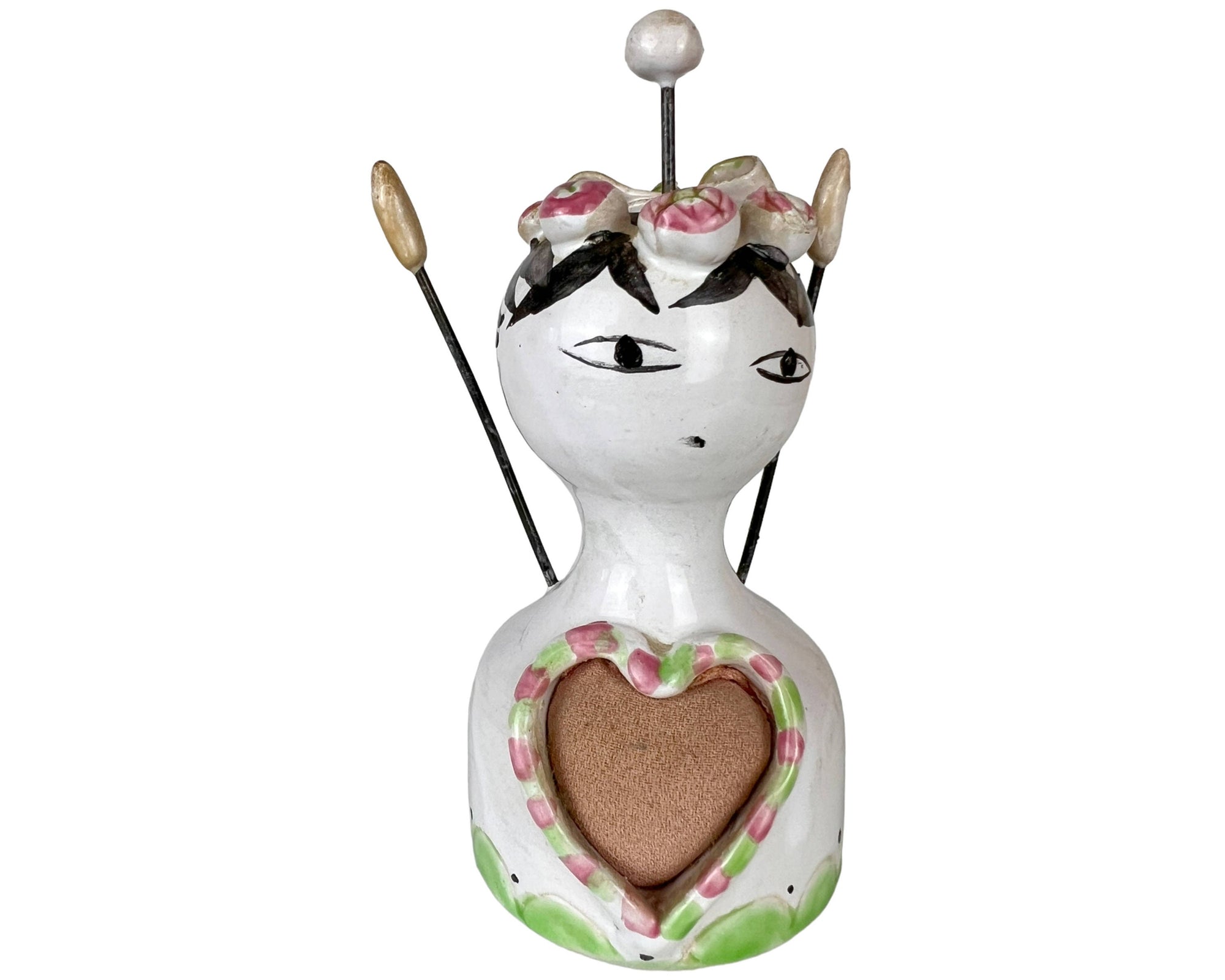 Vintage Ceramic Pincushion & Thread Holder Figural Lady Figurine - Poppy's Vintage Clothing