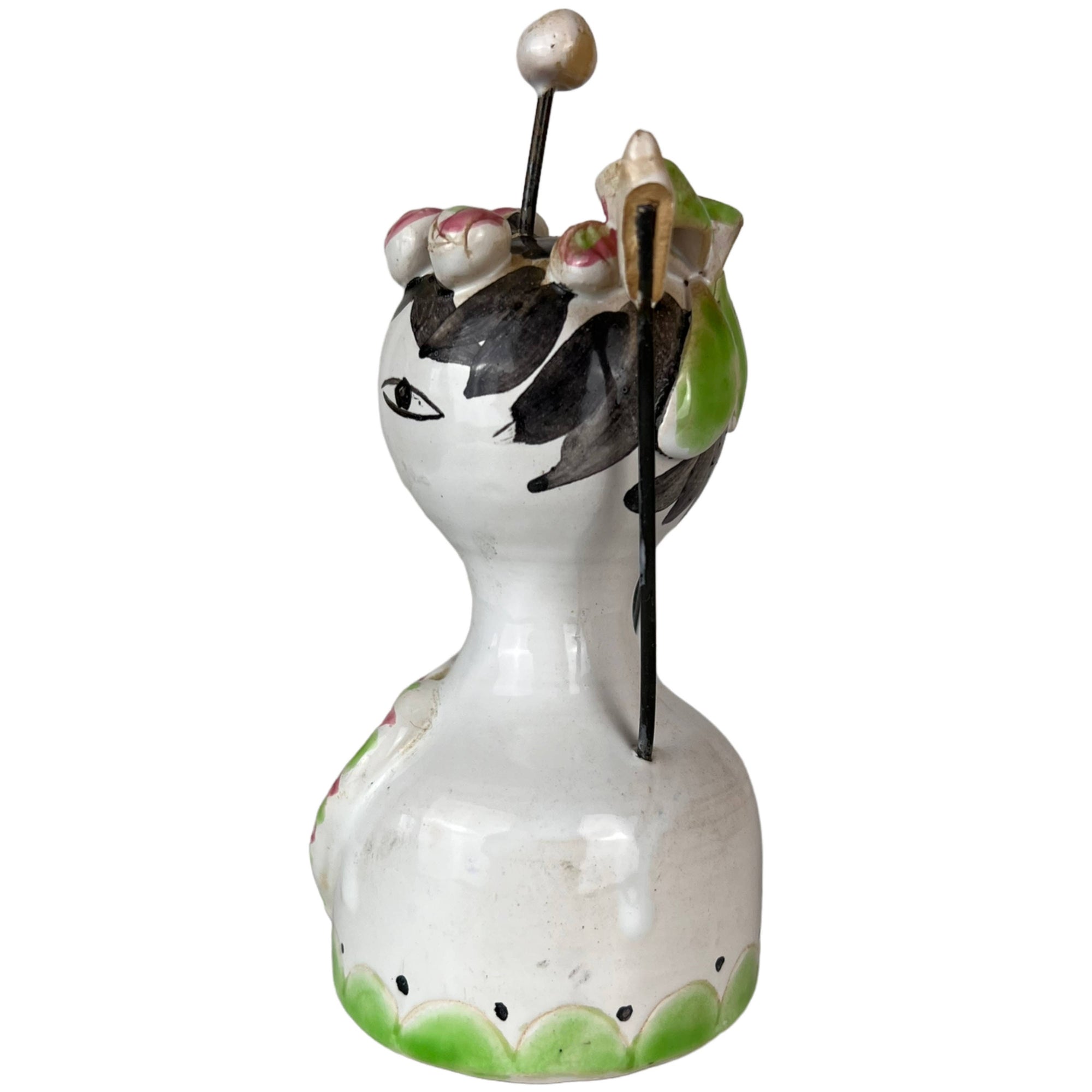 Vintage Ceramic Pincushion & Thread Holder Figural Lady Figurine - Poppy's Vintage Clothing
