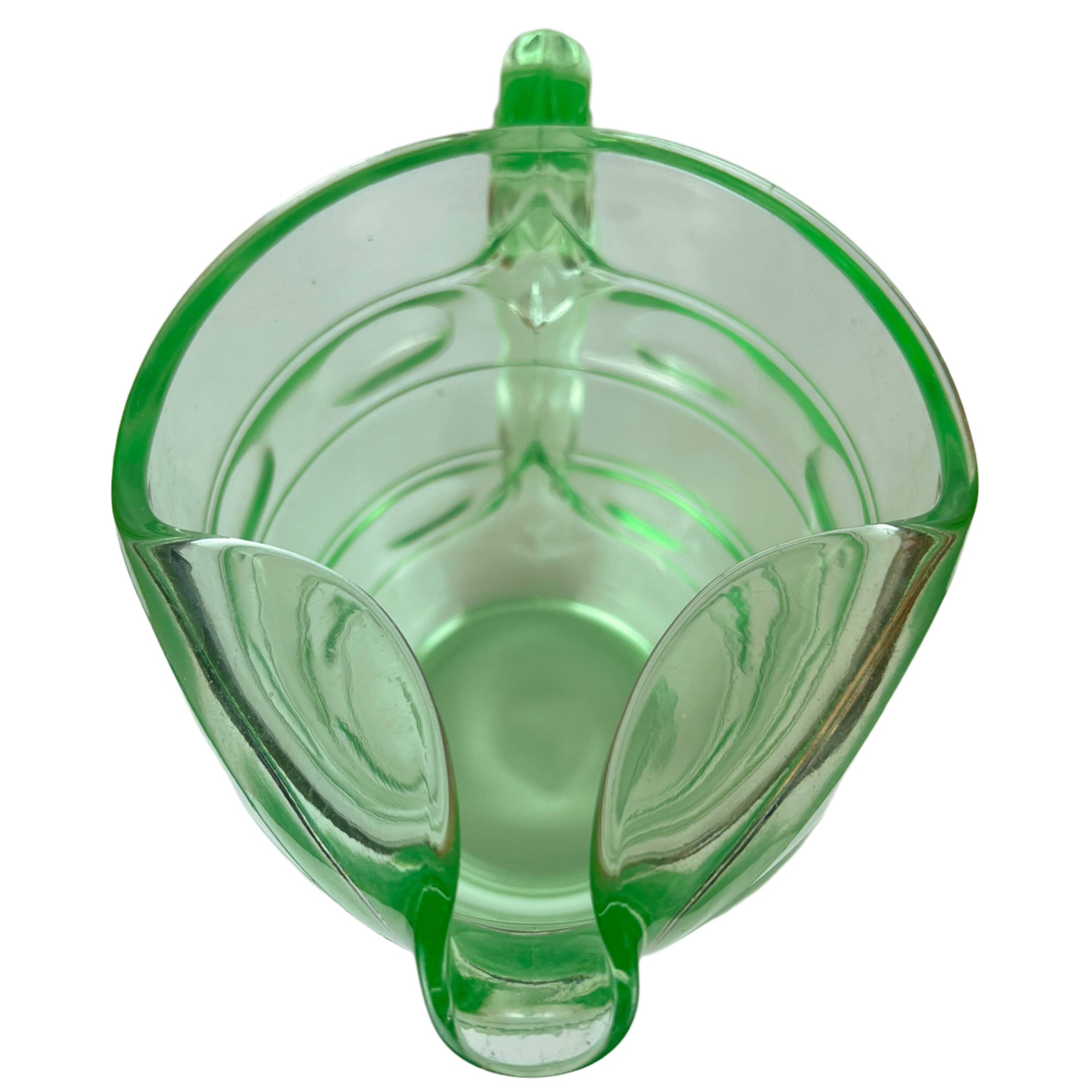 Vintage Depression Era Vaseline Glass Pitcher w Ice Lip Ovals & Rings - Poppy's Vintage Clothing