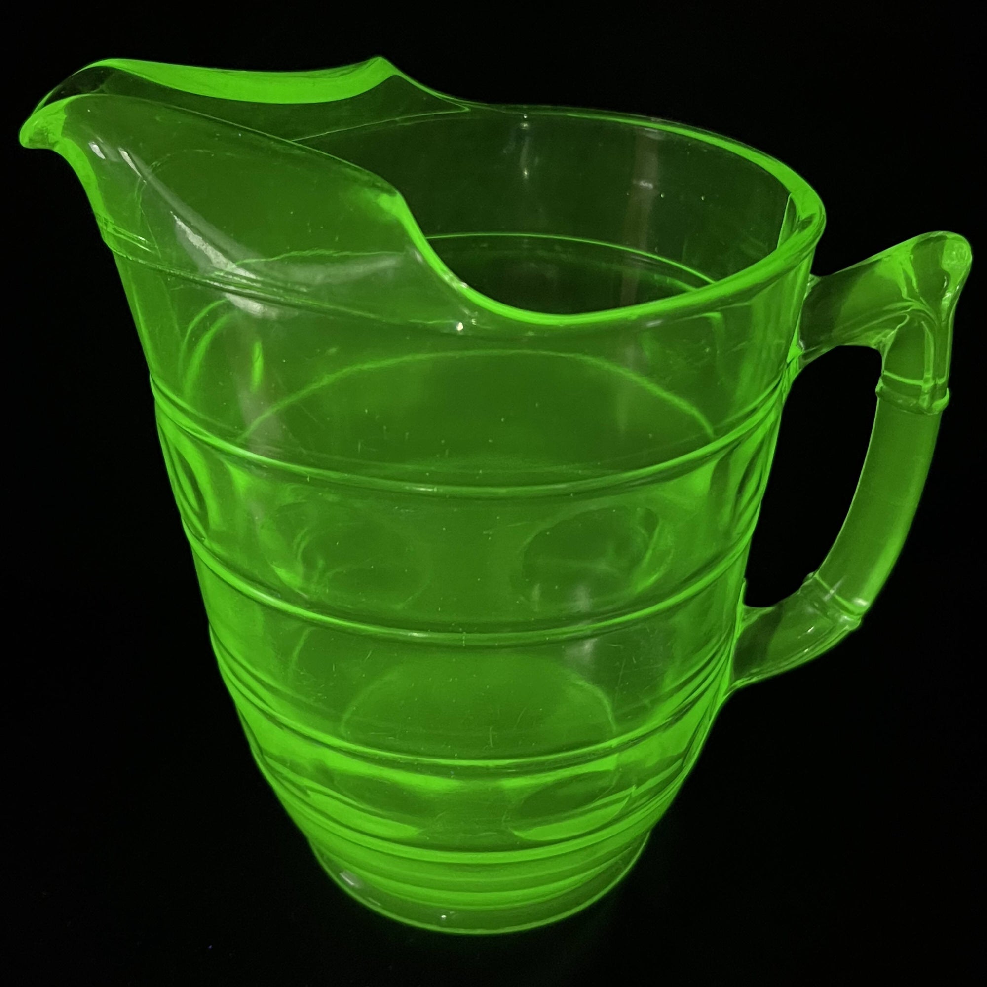 Vintage Depression Era Vaseline Glass Pitcher w Ice Lip Ovals & Rings - Poppy's Vintage Clothing
