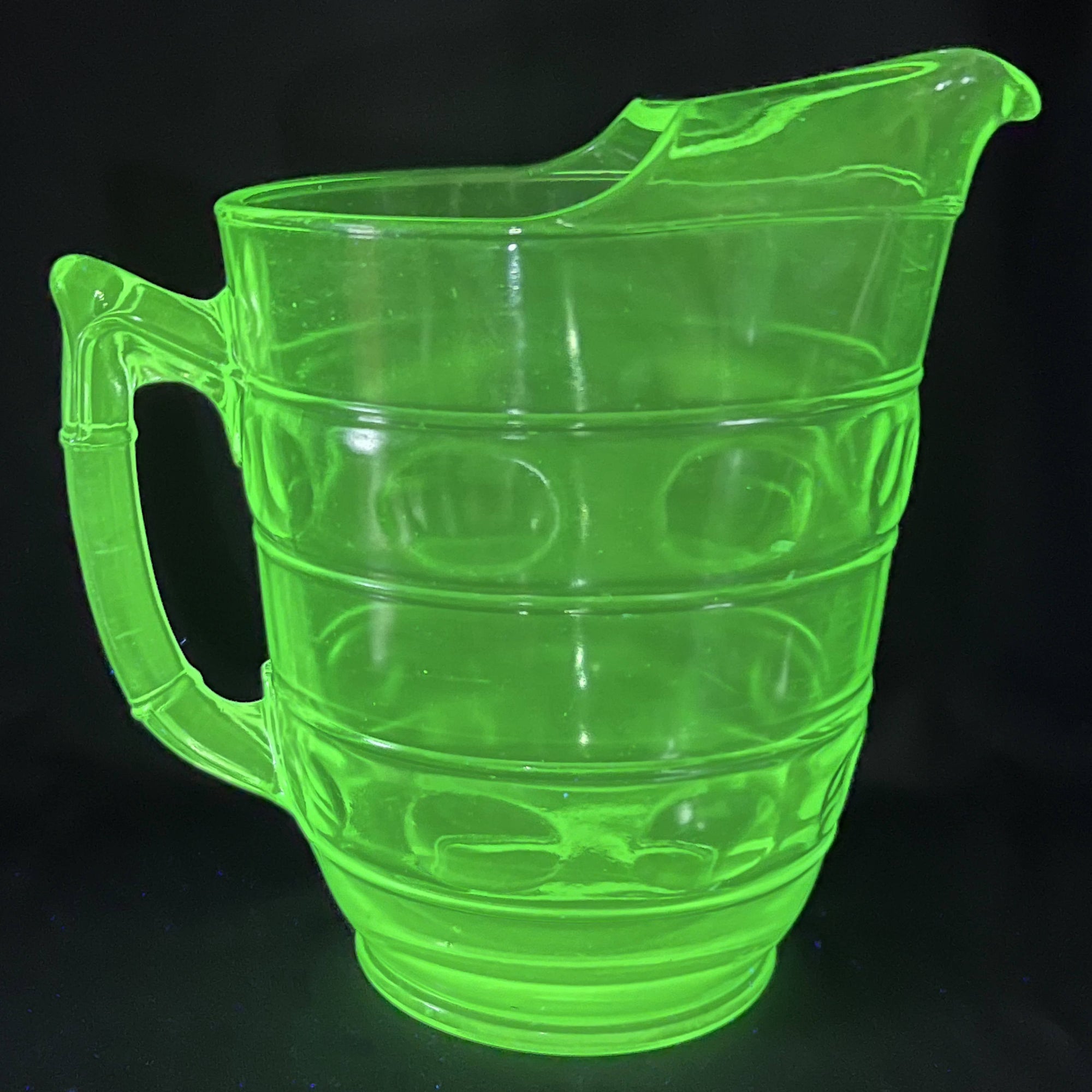 Vintage Depression Era Vaseline Glass Pitcher w Ice Lip Ovals & Rings - Poppy's Vintage Clothing