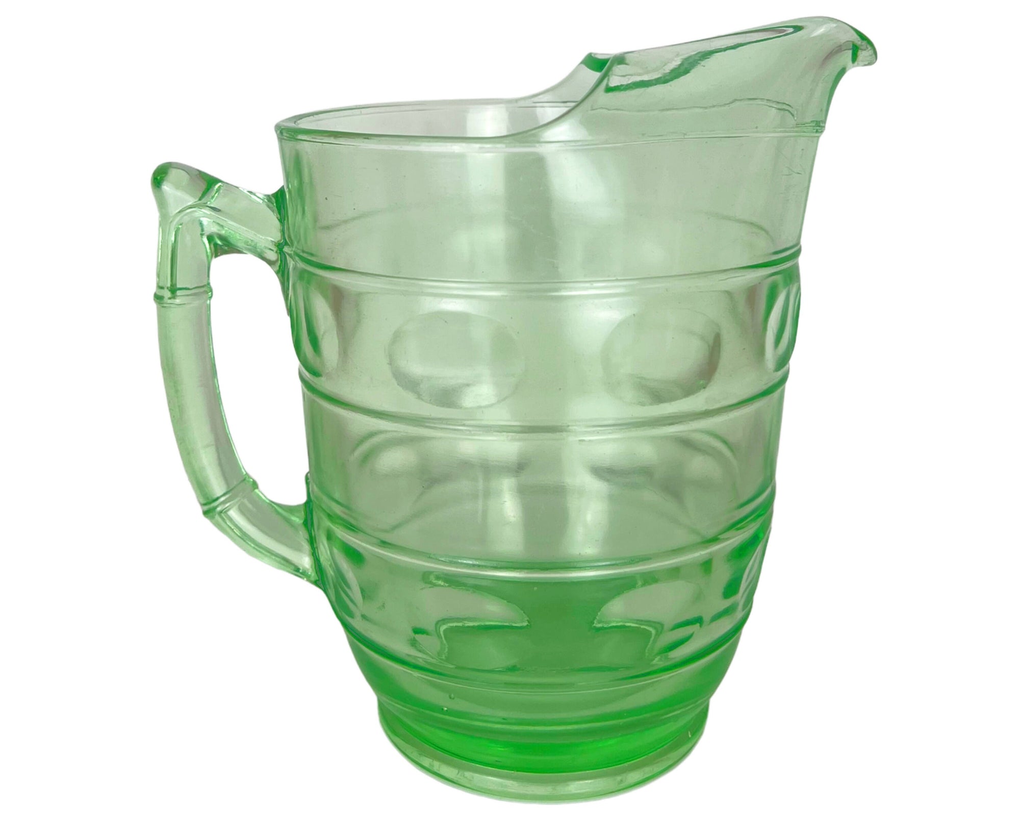 Vintage Depression Era Vaseline Glass Pitcher w Ice Lip Ovals & Rings - Poppy's Vintage Clothing