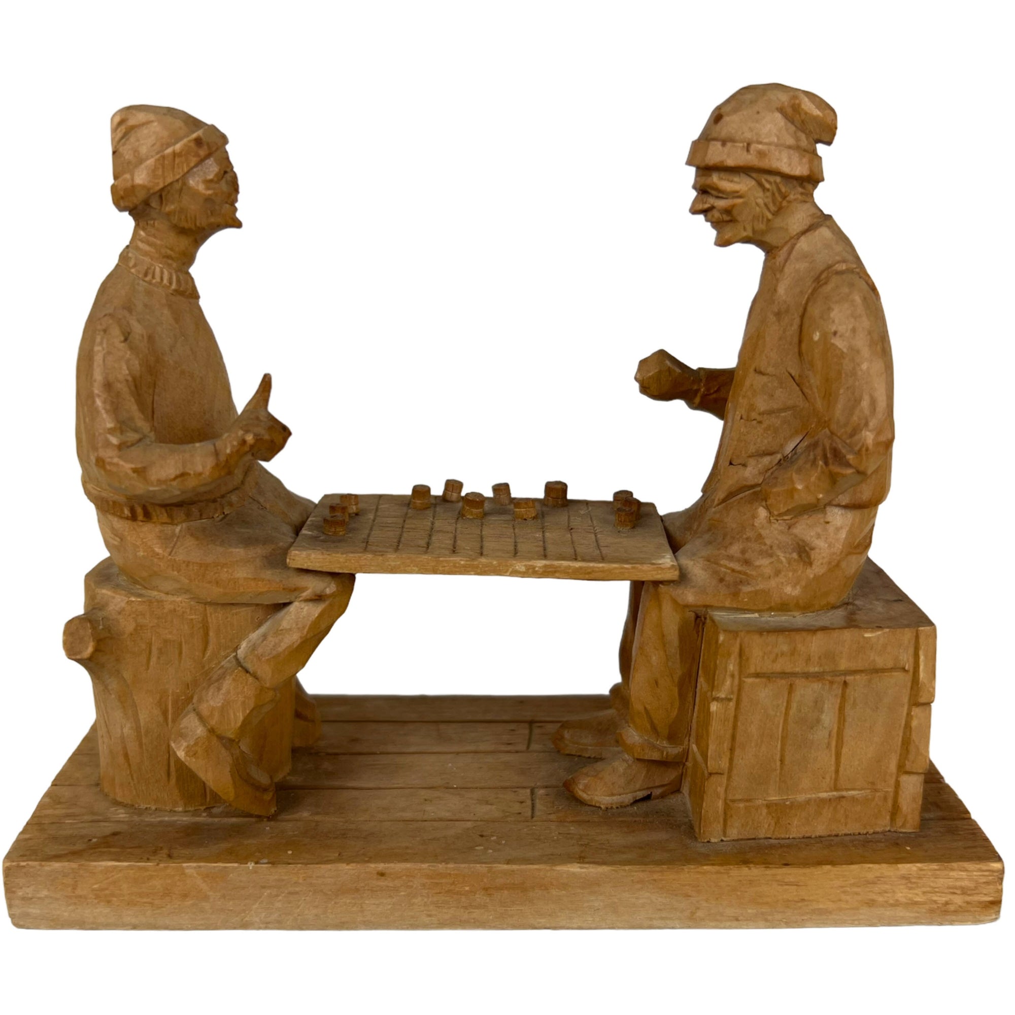 Vintage Wood Carving of Checker Players St Jean Port Joli Quebec Hand Carved - Poppy's Vintage Clothing