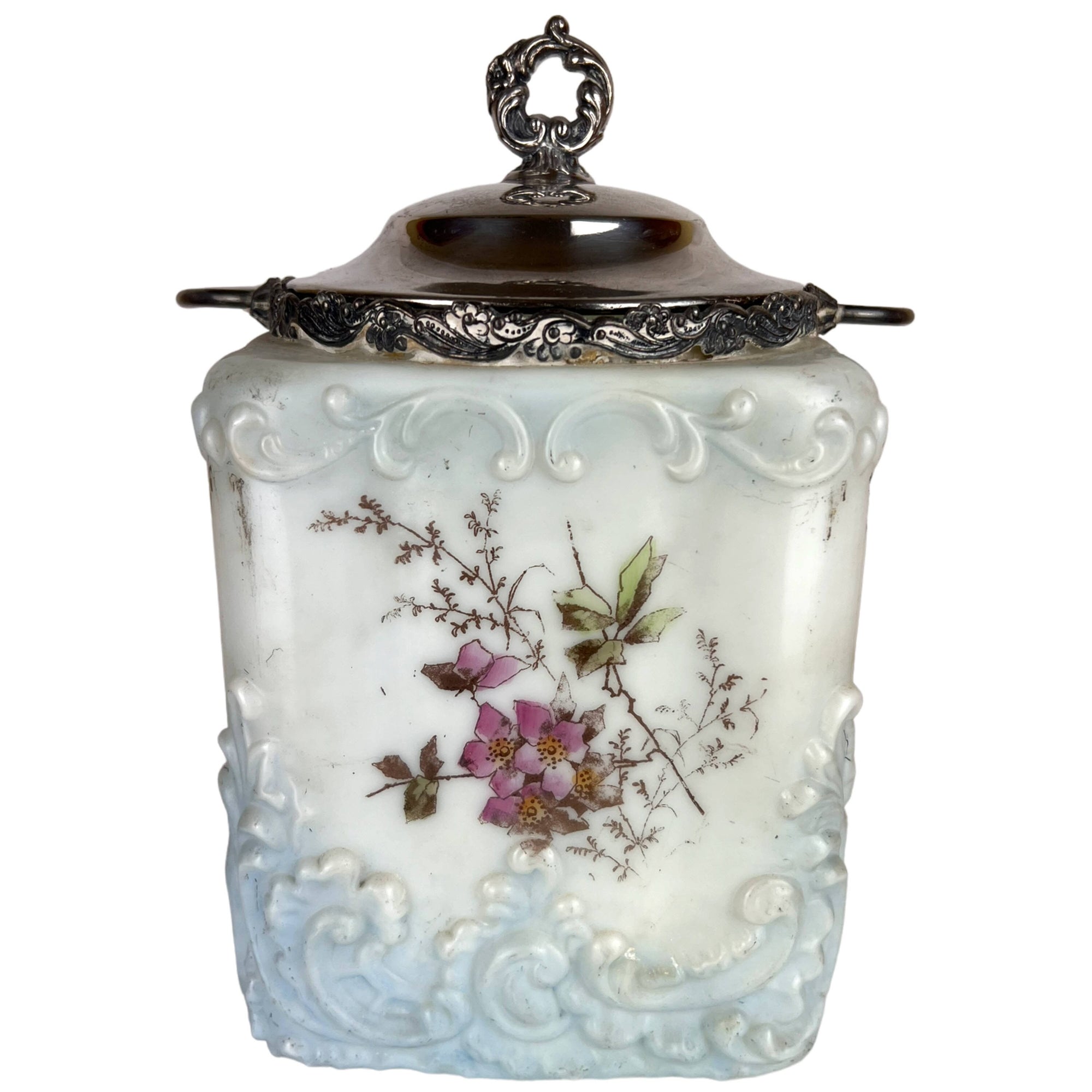Antique Wave Crest Glass Biscuit Barrel Cracker Jar Mt Washington CF Monroe - Poppy's Vintage Clothing