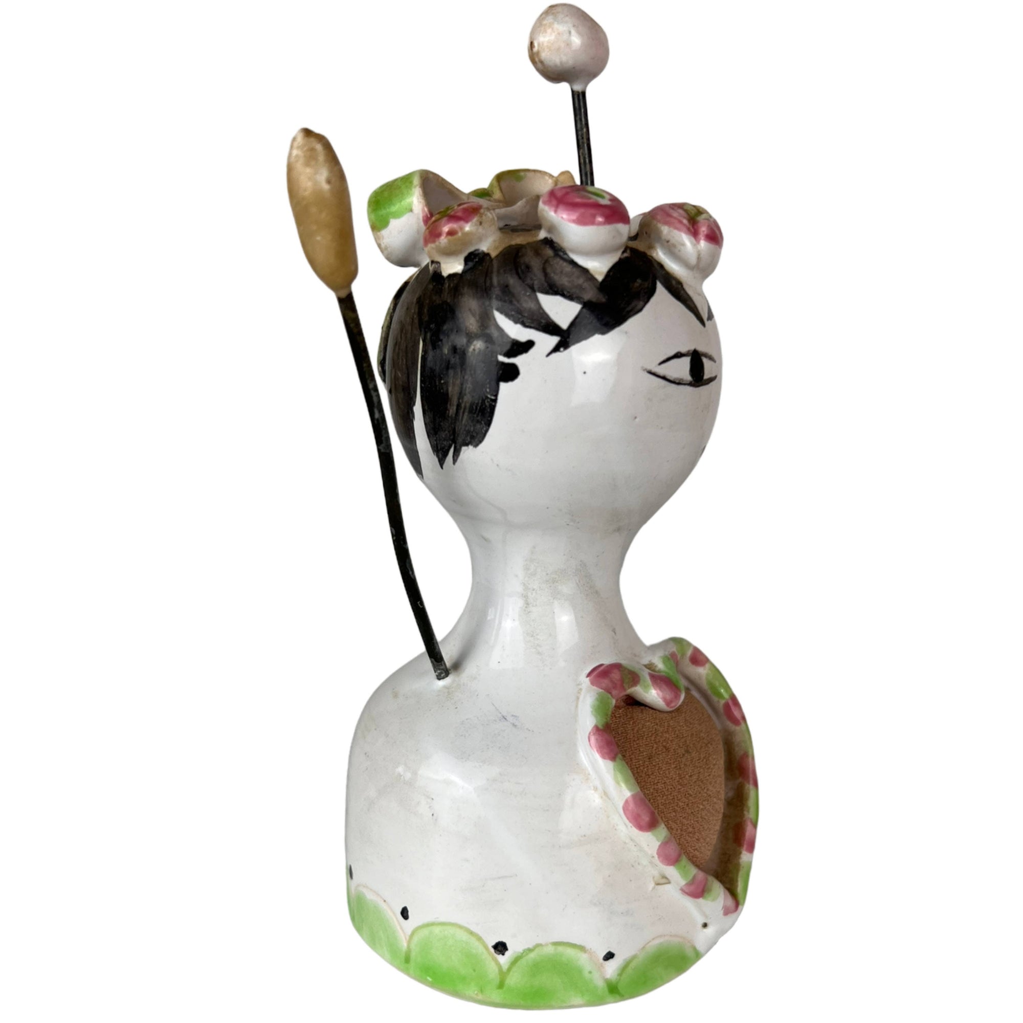 Vintage Ceramic Pincushion & Thread Holder Figural Lady Figurine - Poppy's Vintage Clothing