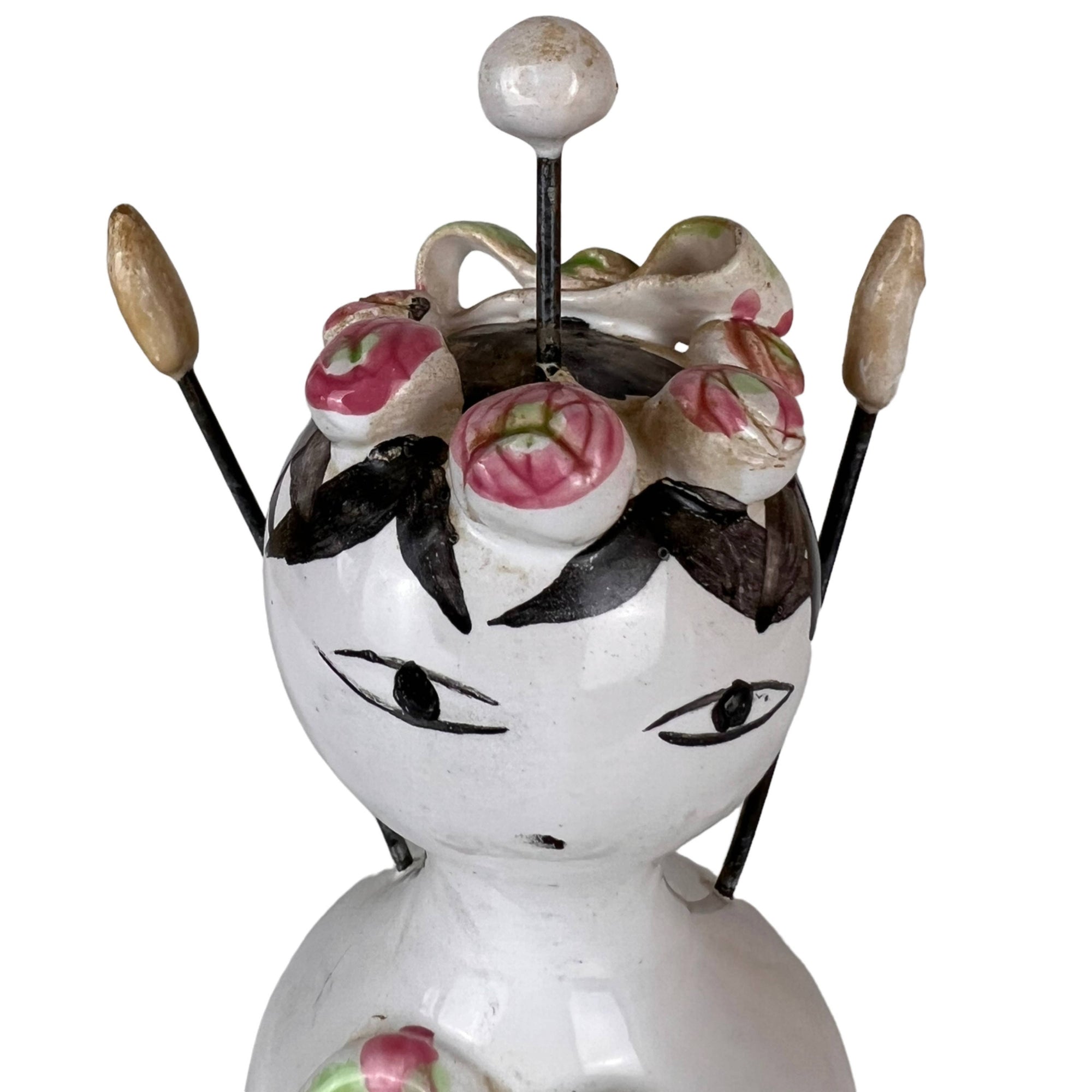 Vintage Ceramic Pincushion & Thread Holder Figural Lady Figurine - Poppy's Vintage Clothing