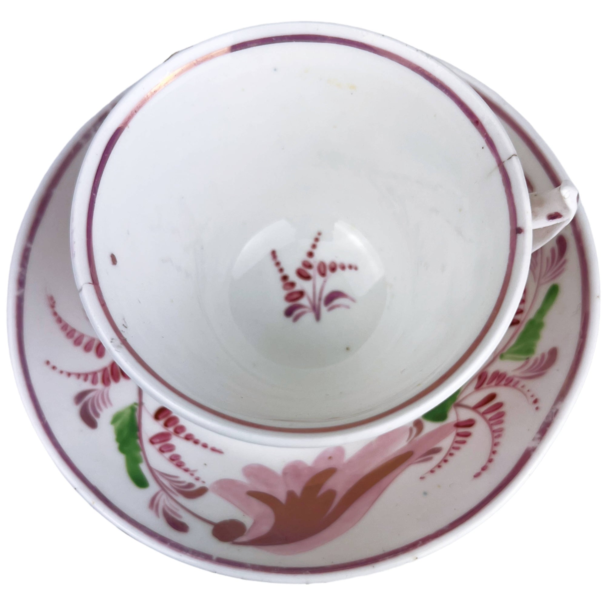 Antique 1800s Georgian China Tea Cup & Saucer Pink Lustre London Shape Hand Painted - Poppy's Vintage Clothing
