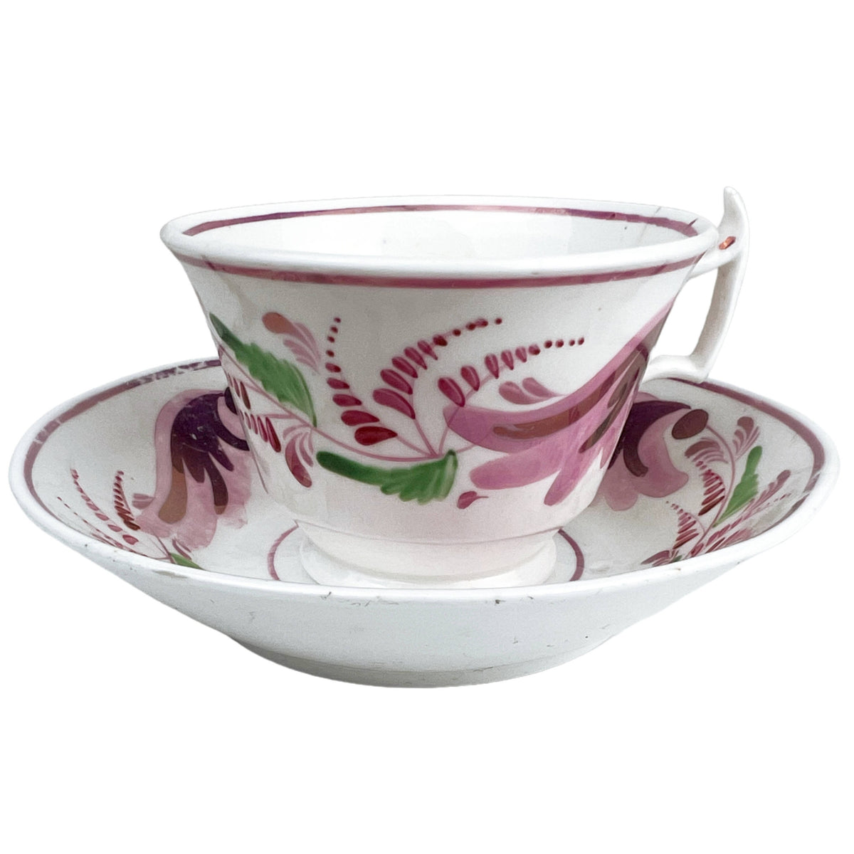 Antike Teetasse & Untertasse aus dem 19. Jahrhundert, georgianisches China, rosa Lüster, London-Form, handbemalt