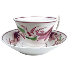 Antique 1800s Georgian China Tea Cup & Saucer Pink Lustre London Shape Hand Painted - Poppy's Vintage Clothing