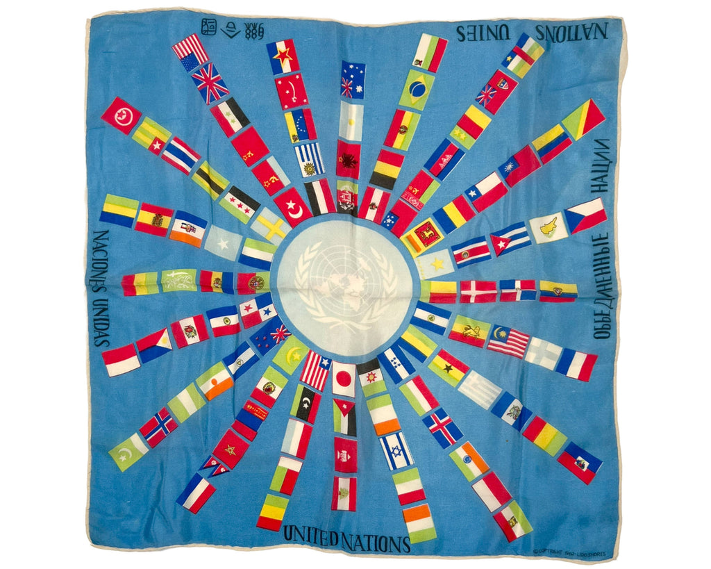 Vintage United Nations Silk Square Scarf 1962 Lido Shores 17 Blue - Poppy's Vintage Clothing