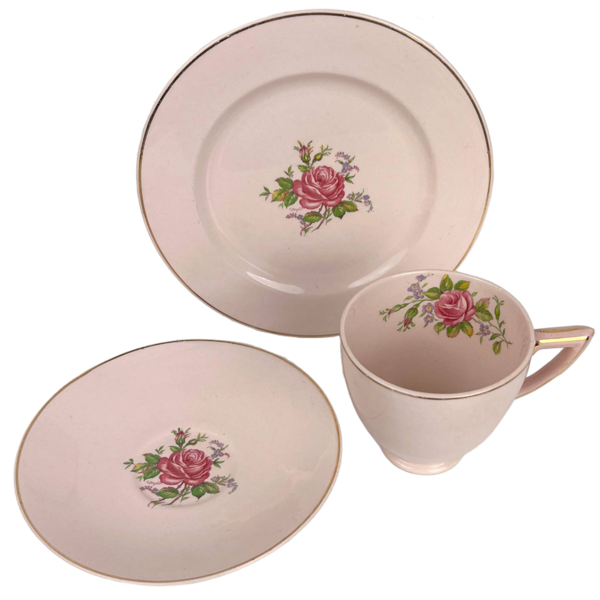 Vintage 1940s Wedgwood & Co Tudor Rose Blush Rose Cup and Saucer Trio Wartime Concentration Scheme - Poppy's Vintage Clothing
