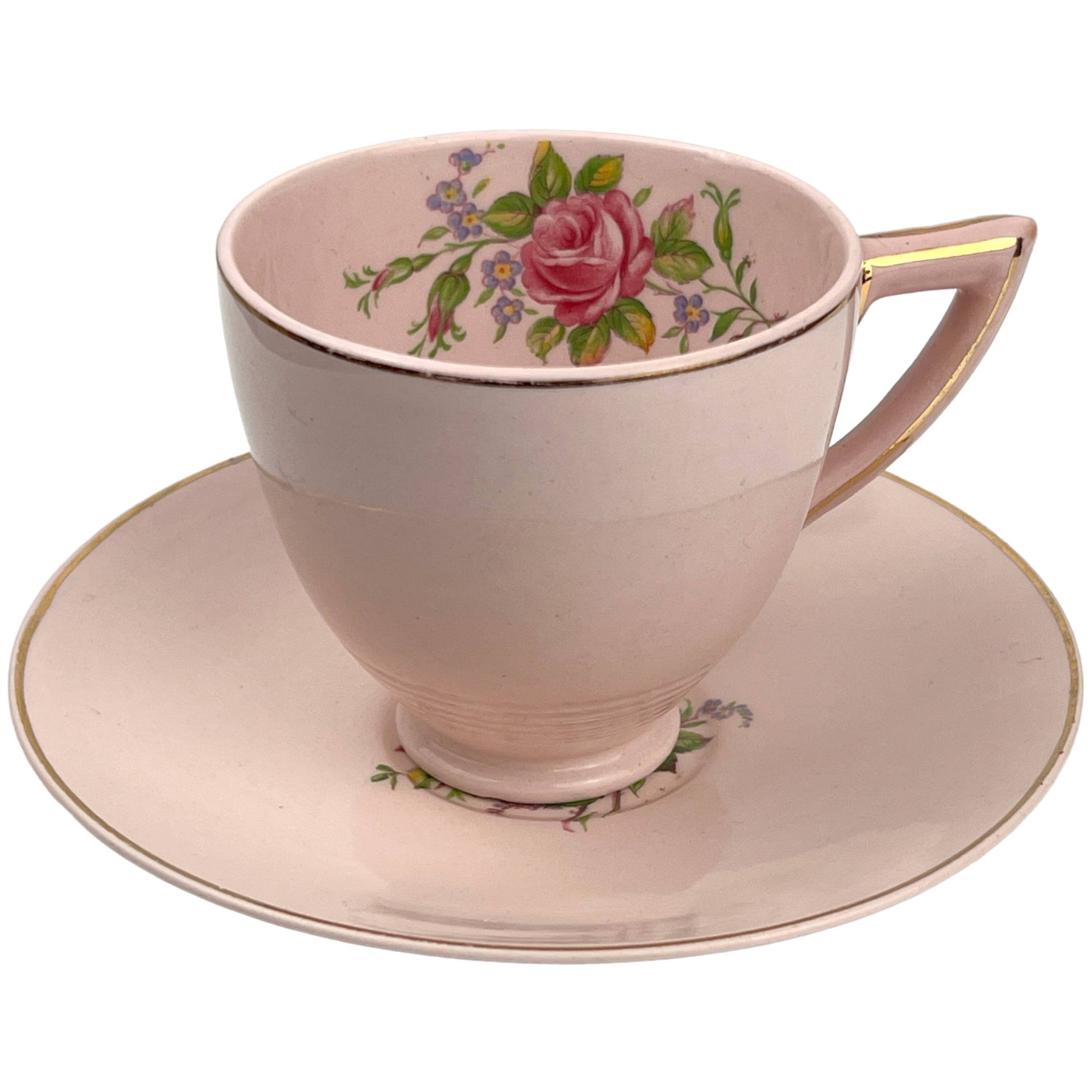 Vintage 1940s Wedgwood & Co Tudor Rose Blush Rose Cup and Saucer Trio Wartime Concentration Scheme - Poppy's Vintage Clothing