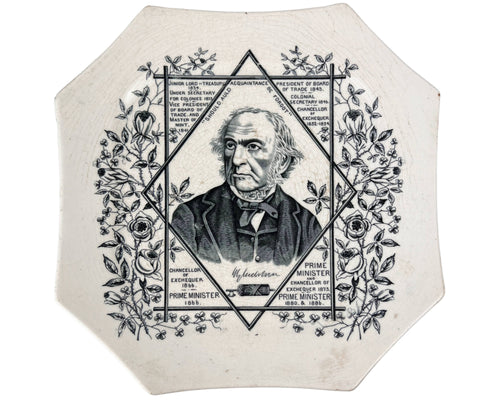 1886 Antique William Ewart Gladstone Portrait Plate British Prime Minister Octagonal - Poppy's Vintage Clothing