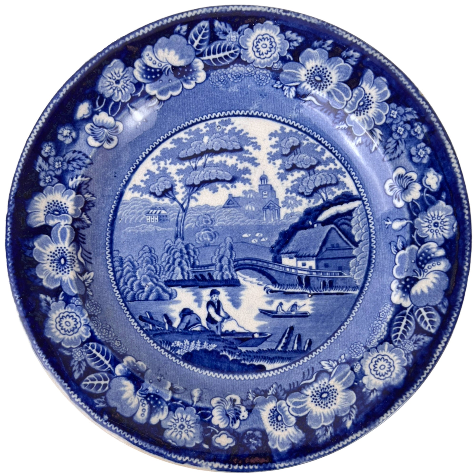 Antique Samuel Barker & Sons Plates Blue and White Wild Rose Pattern Pair 10 - Poppy's Vintage Clothing