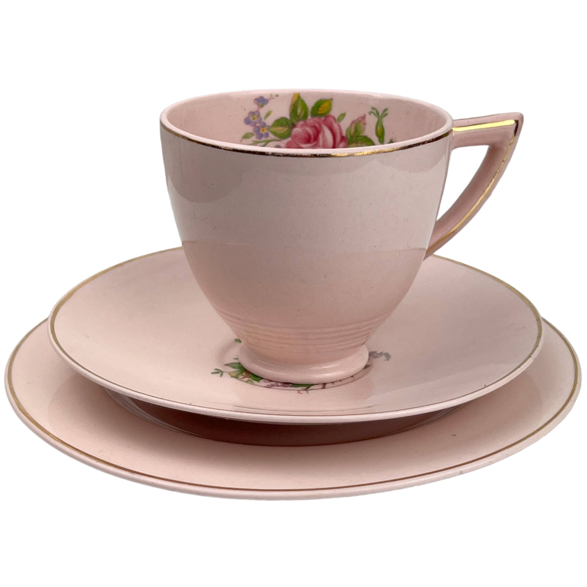 Vintage 1940s Wedgwood & Co Tudor Rose Blush Rose Cup and Saucer Trio Wartime Concentration Scheme - Poppy's Vintage Clothing