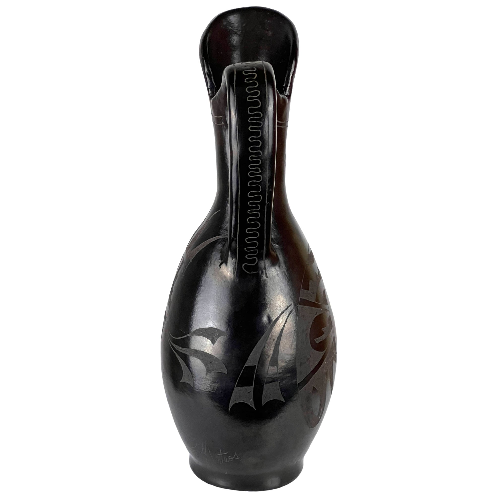 Vintage 1980s Barro Negro Esgrafiado Pottery Ewer Pitcher Rigoberto Mateos Ortega Mexico 13 3/8 - Poppy's Vintage Clothing