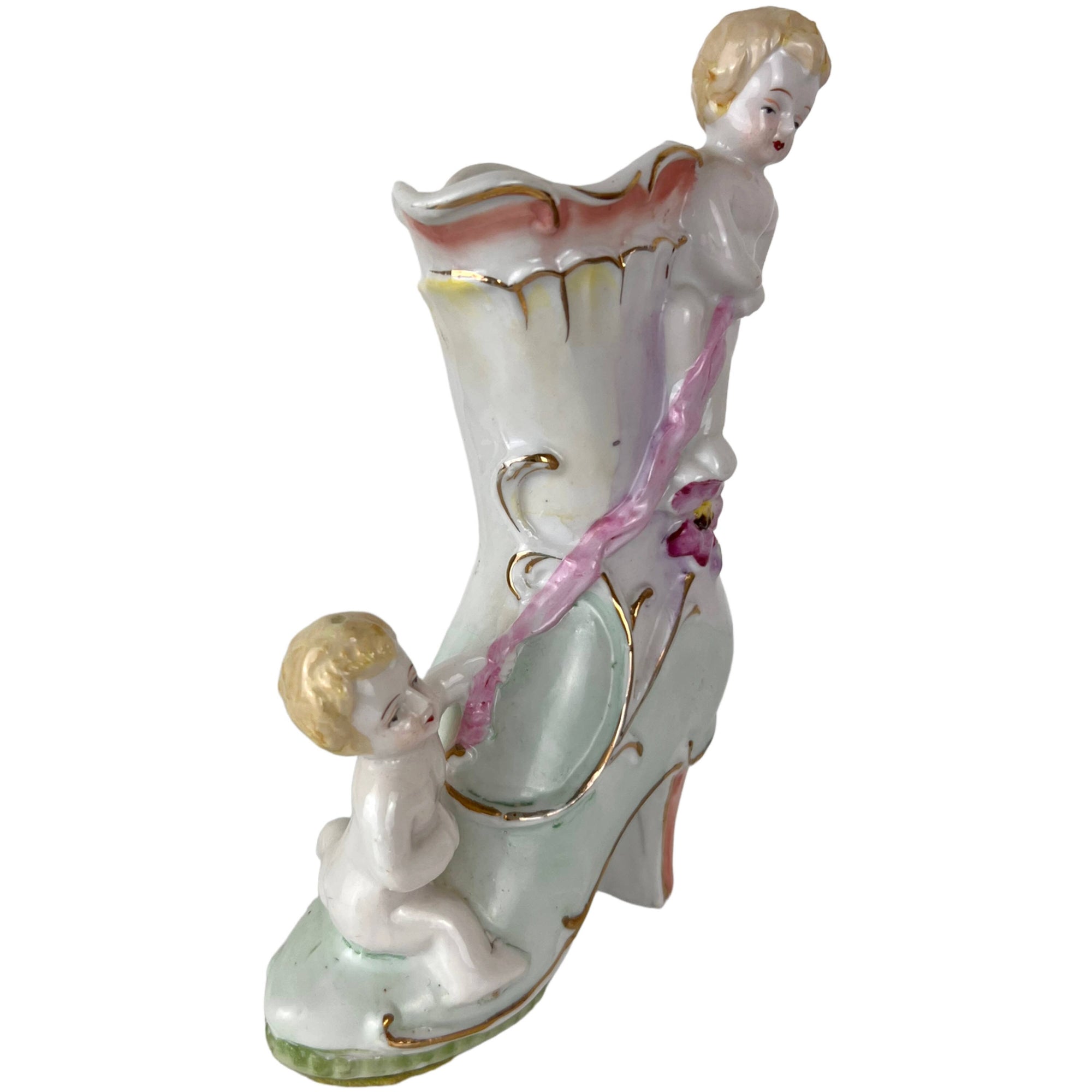 Vintage Porcelain Putti on Boot Planter - Poppy's Vintage Clothing