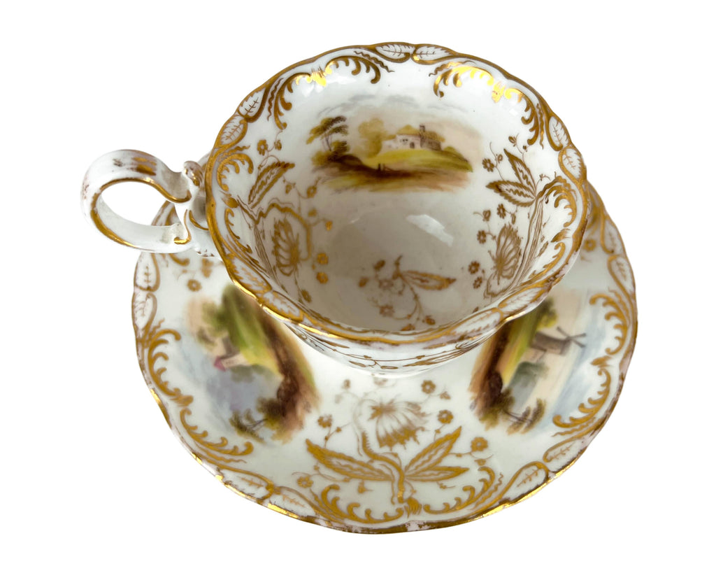 Antique Coalport Porcelain Cup & Saucer Hand Painted Landscape Scenes Early 19th c - Poppy's Vintage Clothing