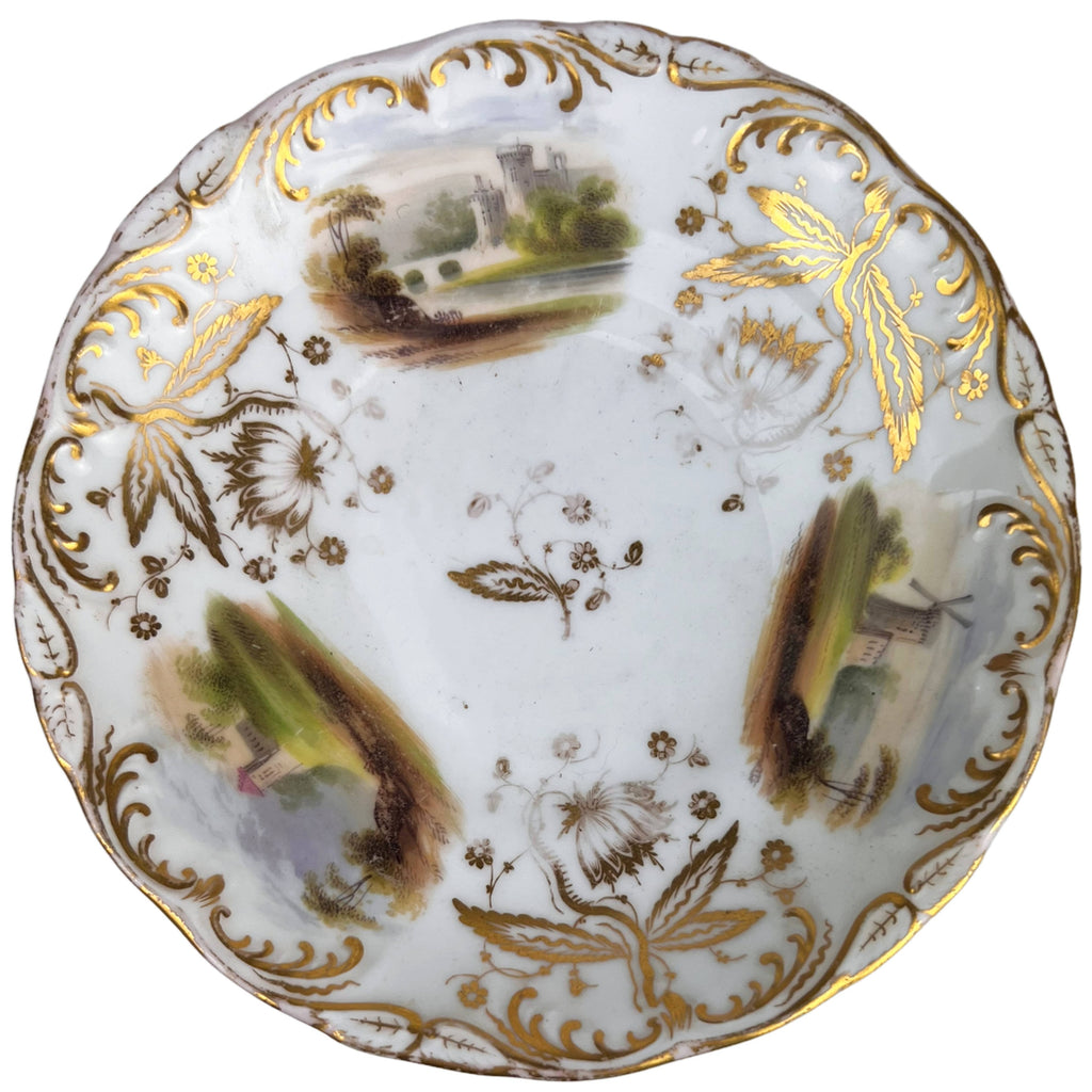 Antique Coalport Porcelain Cup & Saucer Hand Painted Landscape Scenes Early 19th c - Poppy's Vintage Clothing