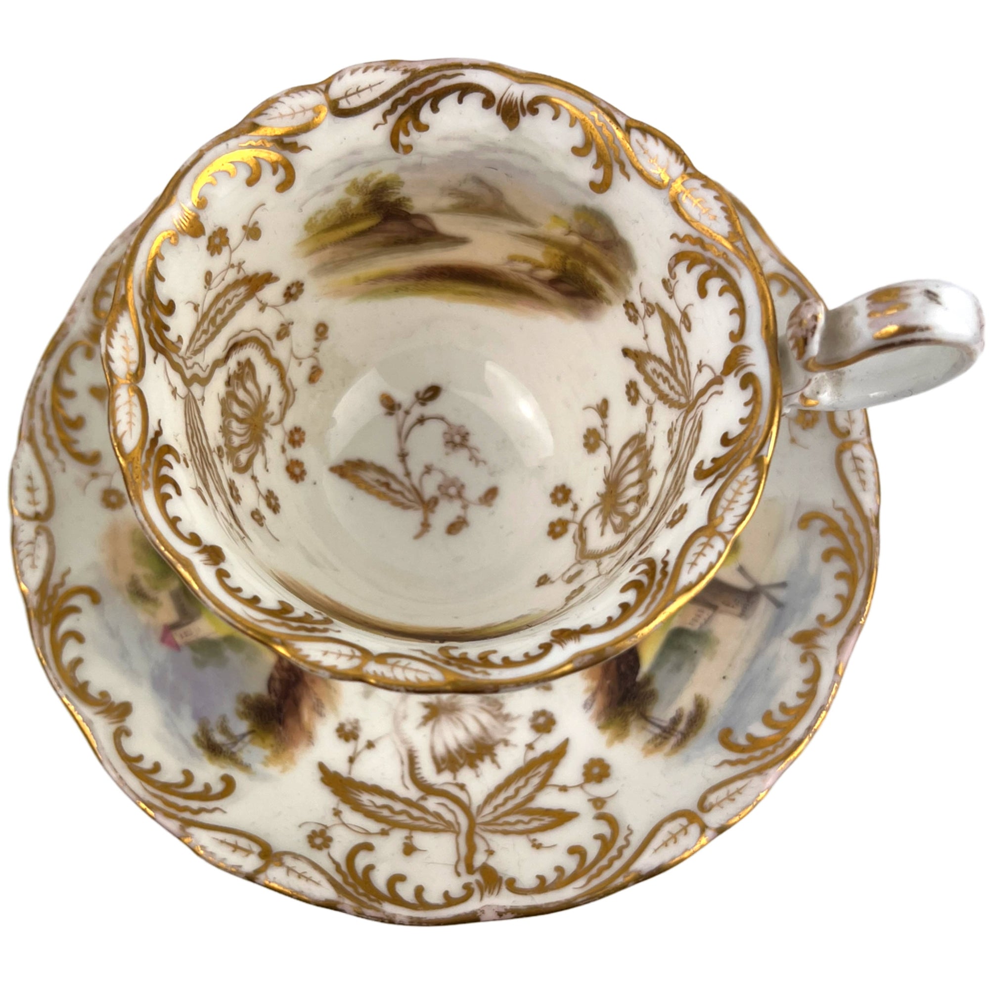 Antique Coalport Porcelain Cup & Saucer Hand Painted Landscape Scenes Early 19th c - Poppy's Vintage Clothing