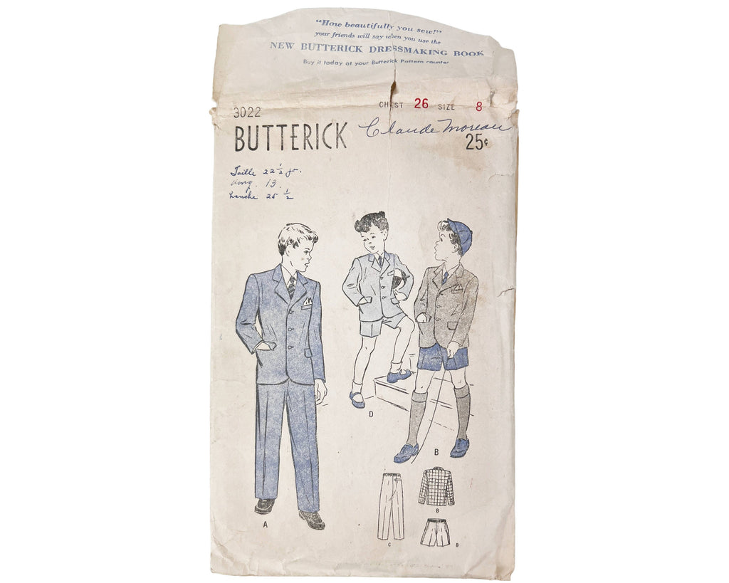 Vintage 1940s Sewing Pattern Butterick 2 Piece Boys Suit Size 8 - Poppy's Vintage Clothing