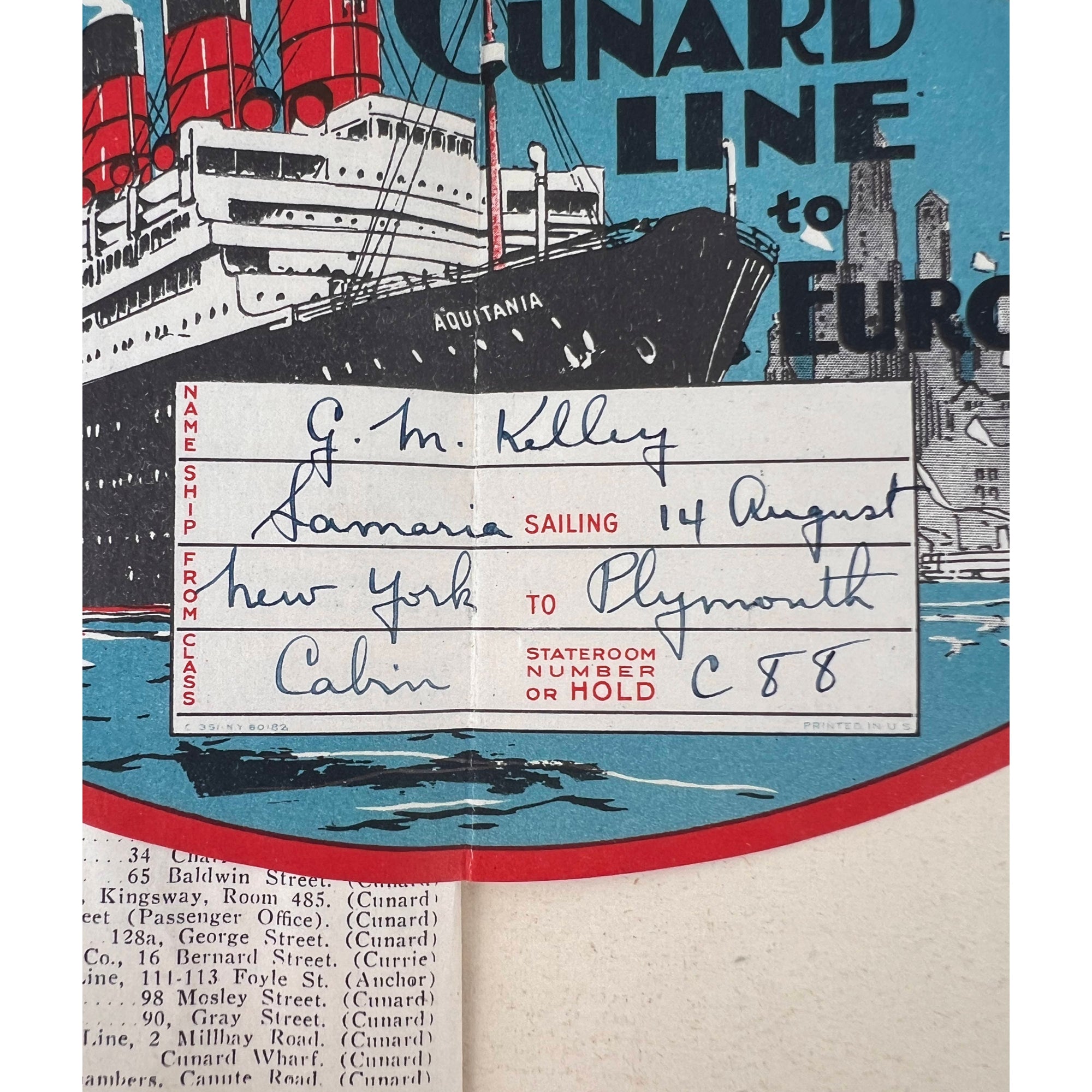 Vintage 1931 Cunard RMS Samaria Passenger List w Luggage Label - Poppy's Vintage Clothing