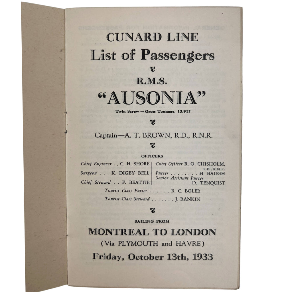 Vintage 1933 Cunard Line RMS Ausonia Passenger List - Poppy's Vintage Clothing