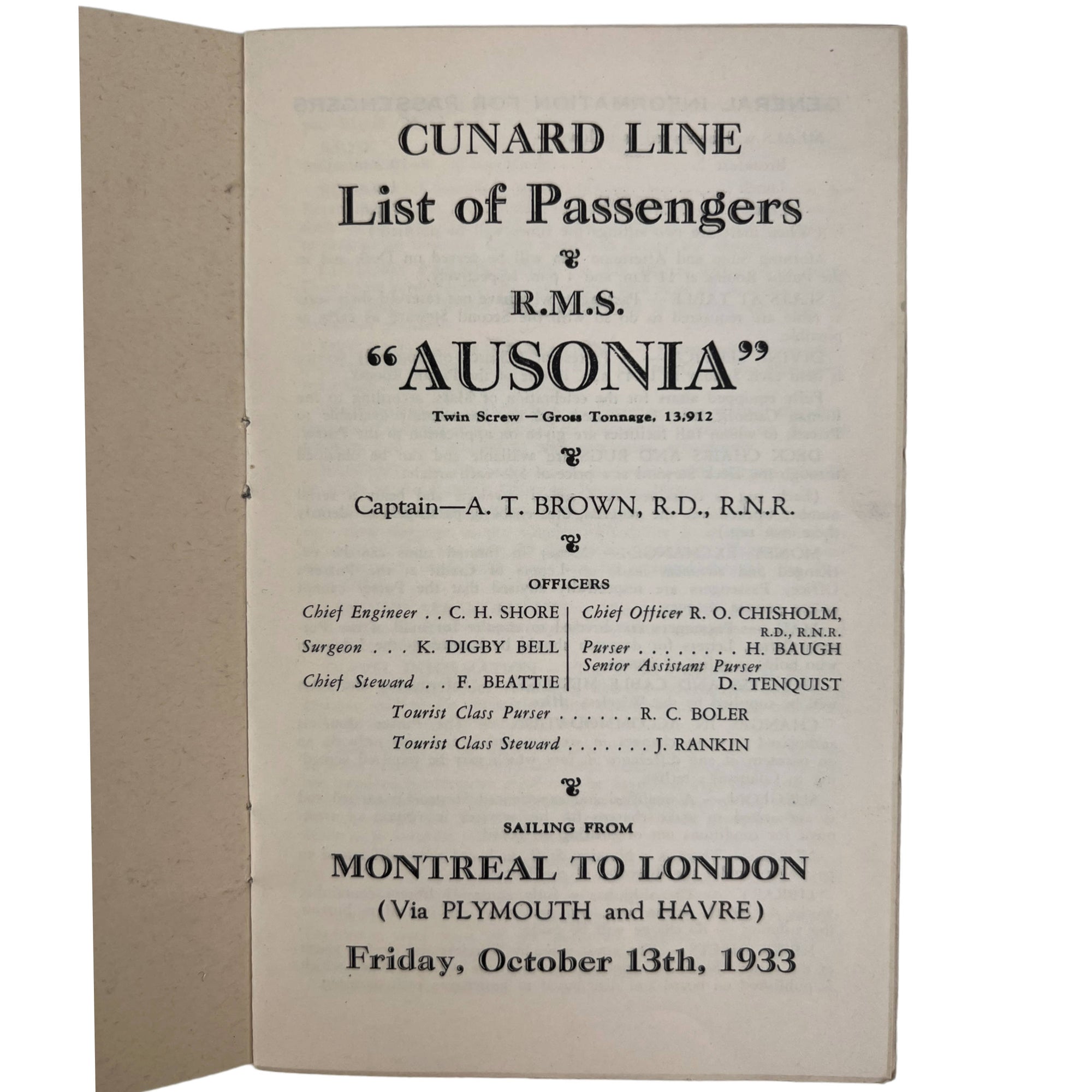 Vintage 1933 Cunard Line RMS Ausonia Passenger List - Poppy's Vintage Clothing