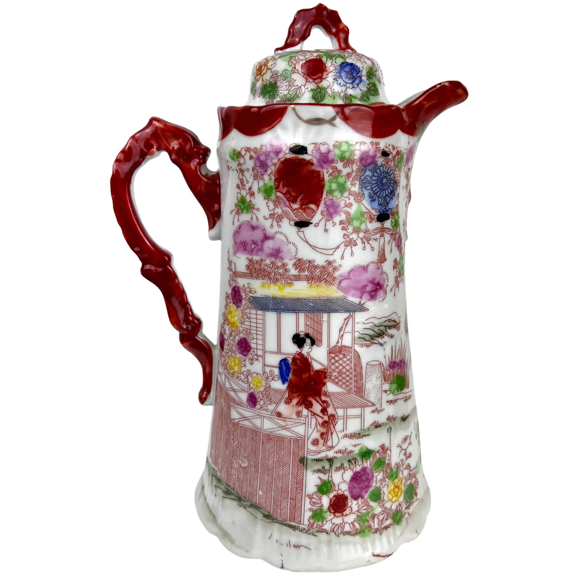 Large Vintage Japanese Chocolate Pot Geisha Girl Pattern - Poppy's Vintage Clothing