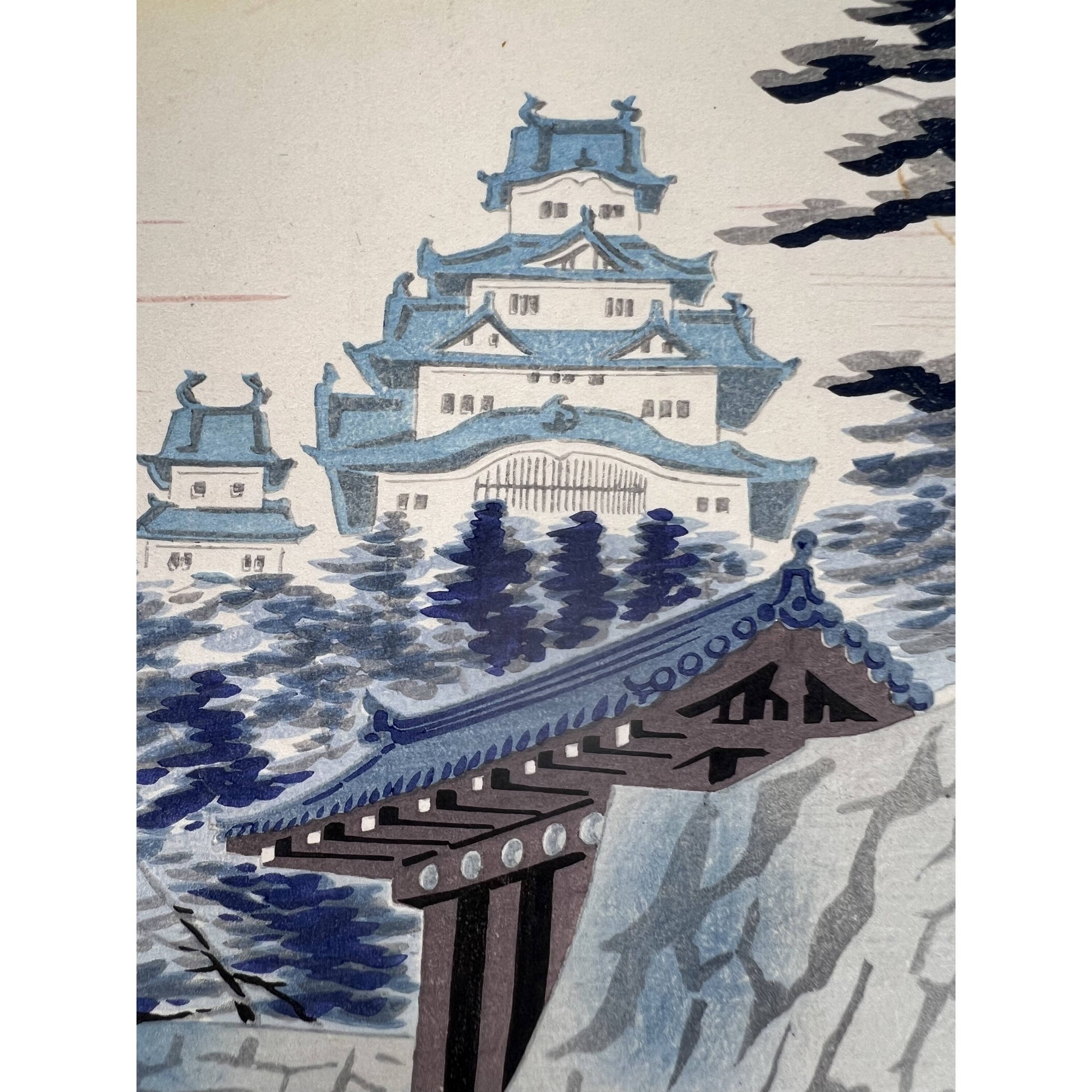 Vintage Japanese Woodblock Print Tomikichiro Tokuriki Himeji Jo Shin Hanga c 1950 - Poppy's Vintage Clothing
