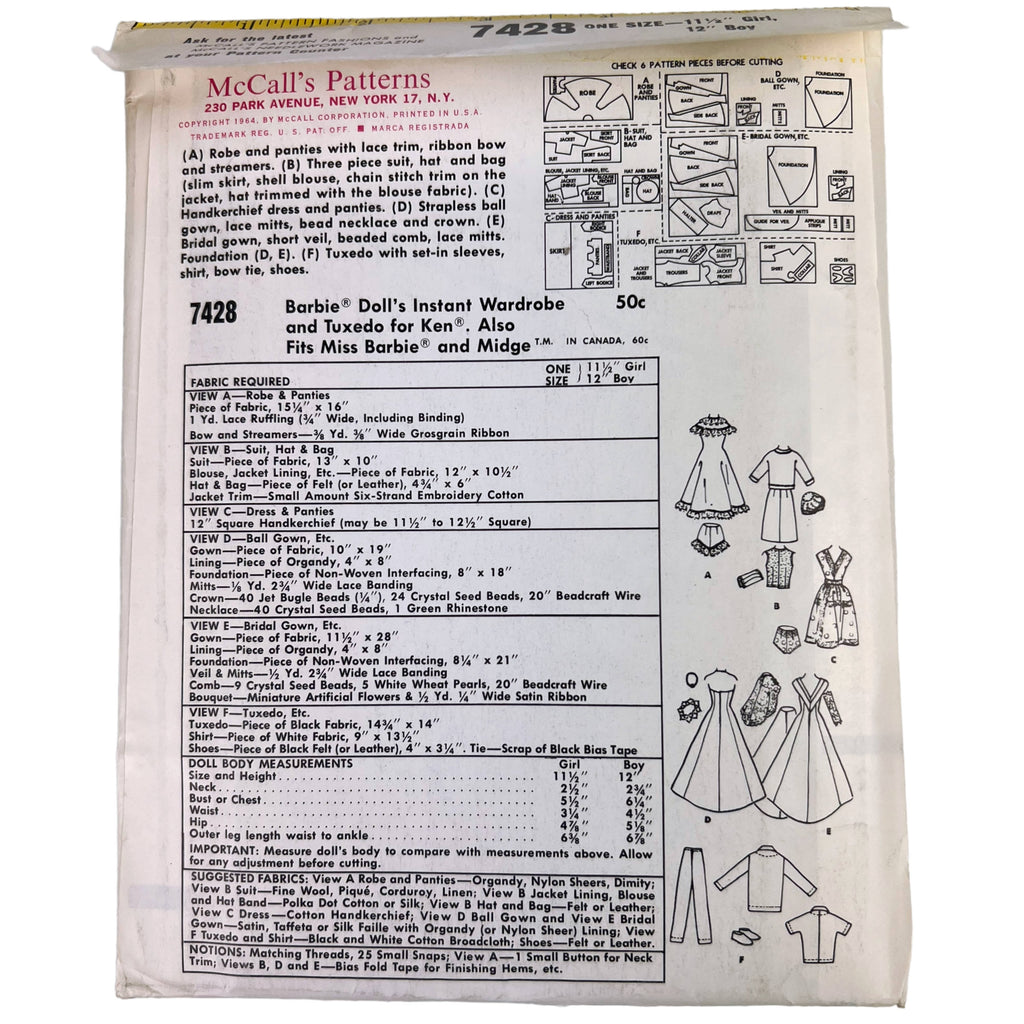 Vintage 1964 Barbie & Ken Doll Clothing Pattern Uncut McCalls 7428 Instant Wardrobe - Poppy's Vintage Clothing
