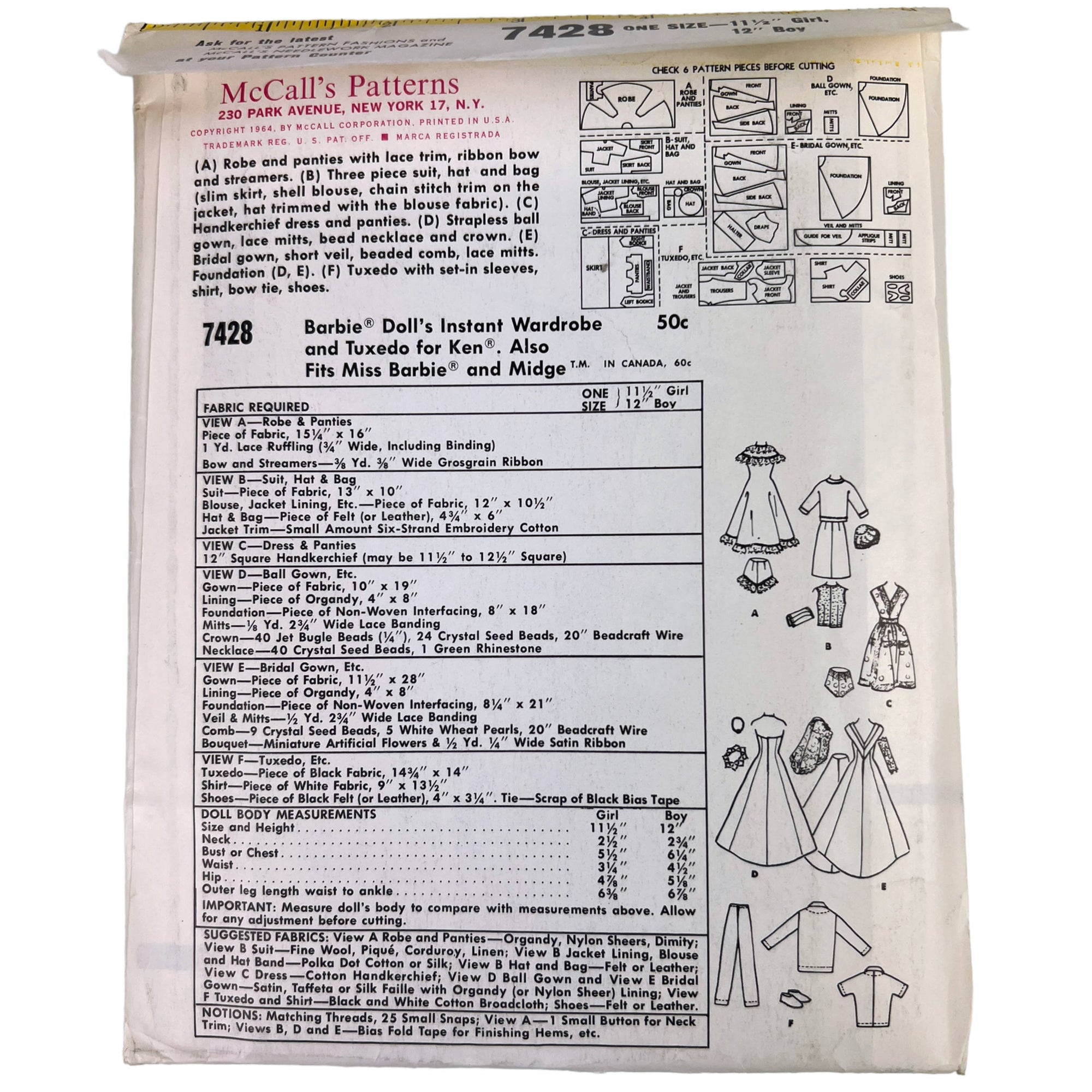 Vintage 1964 Barbie & Ken Doll Clothing Pattern Uncut McCalls 7428 Instant Wardrobe - Poppy's Vintage Clothing