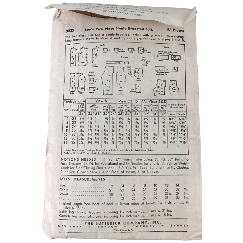 Vintage 1940s Sewing Pattern Butterick 2 Piece Boys Suit Size 8 - Poppy's Vintage Clothing