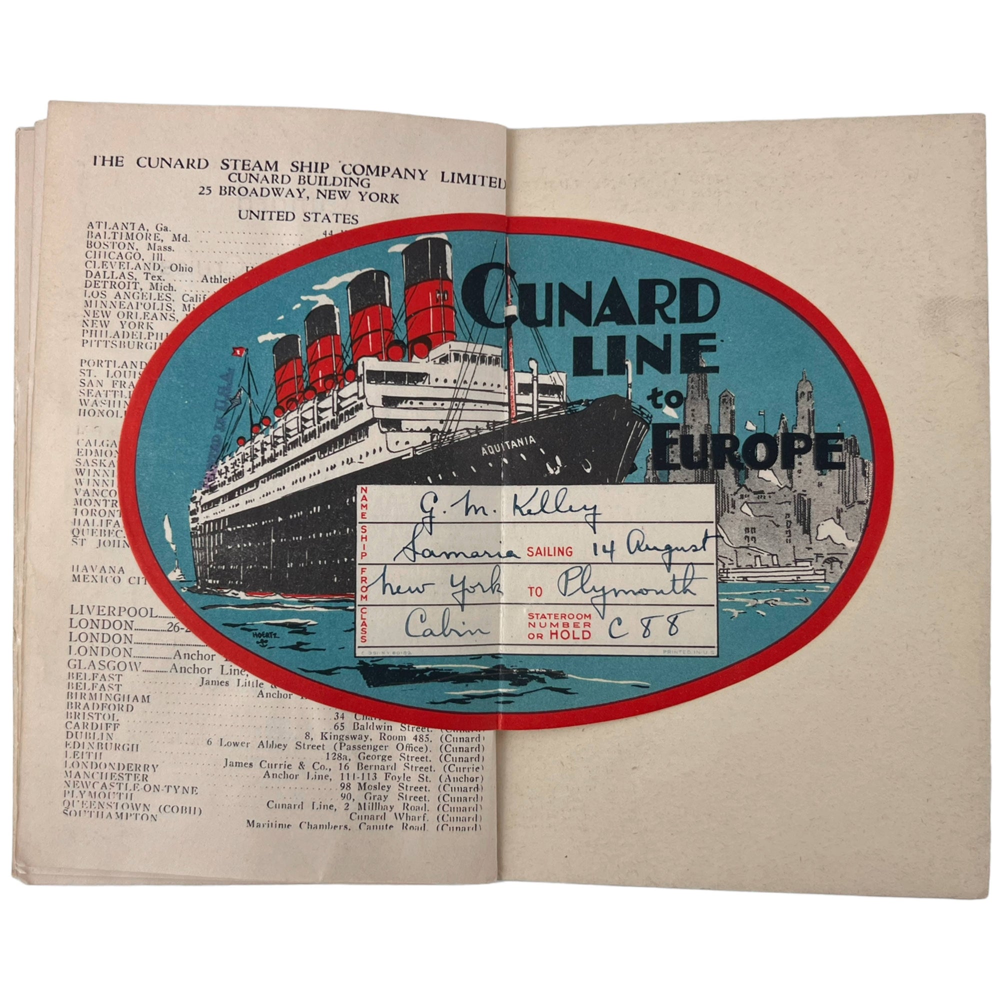 Vintage 1931 Cunard RMS Samaria Passenger List w Luggage Label - Poppy's Vintage Clothing