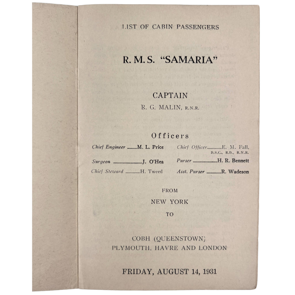 Vintage 1931 Cunard RMS Samaria Passenger List w Luggage Label - Poppy's Vintage Clothing