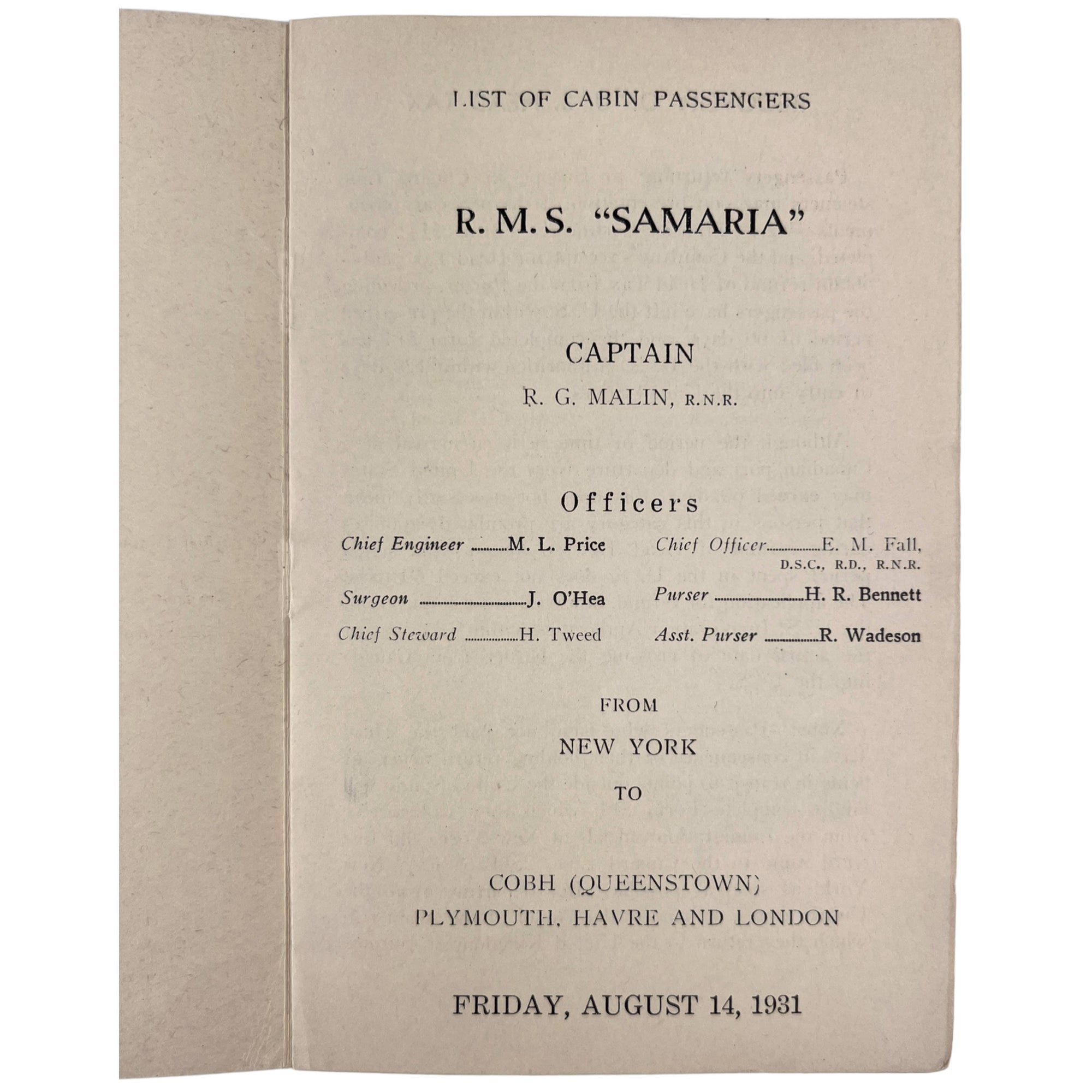 Vintage 1931 Cunard RMS Samaria Passenger List w Luggage Label - Poppy's Vintage Clothing