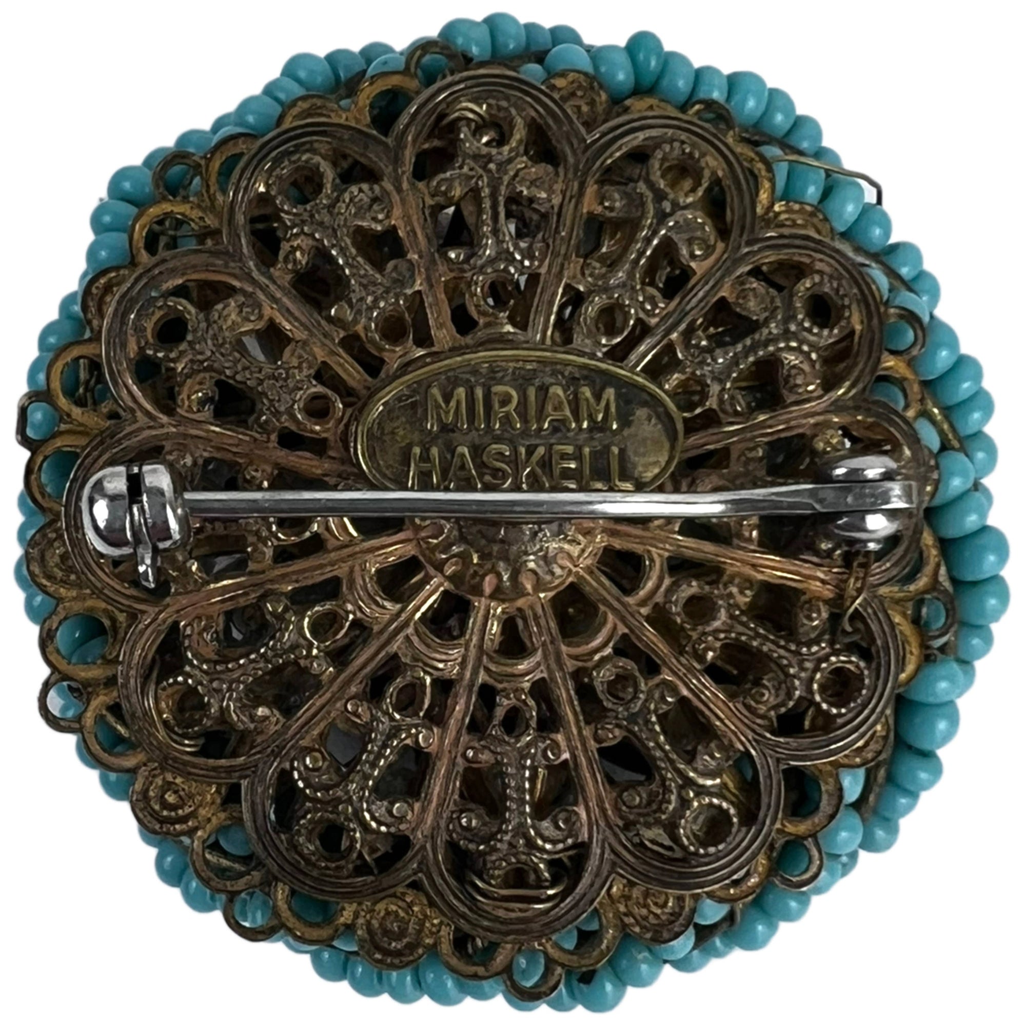 1950s Vintage Miriam Haskell Brooch Turquoise Beads w Faux Pearls - Poppy's Vintage Clothing