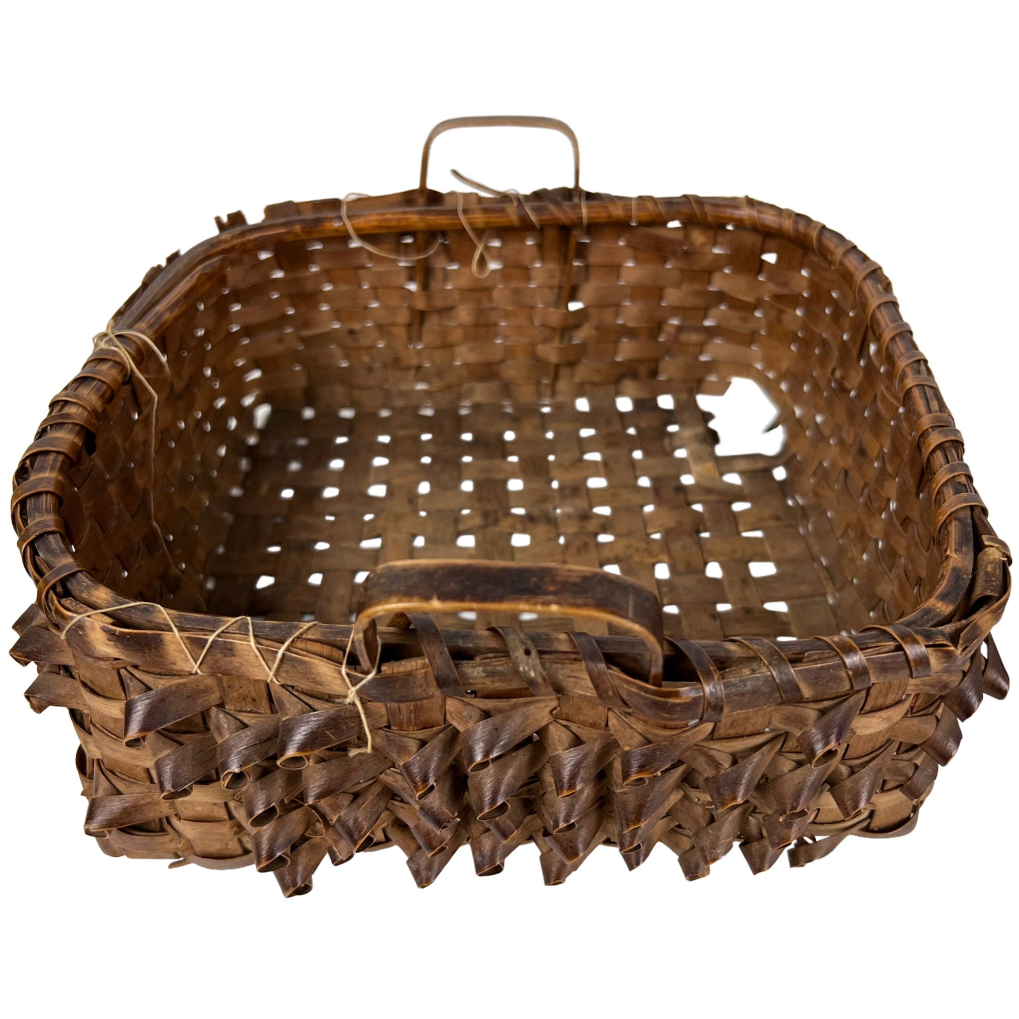 Antique Basket Northeast Native American Handled Curly Splint Algonquin Wabanaki - Poppy's Vintage Clothing