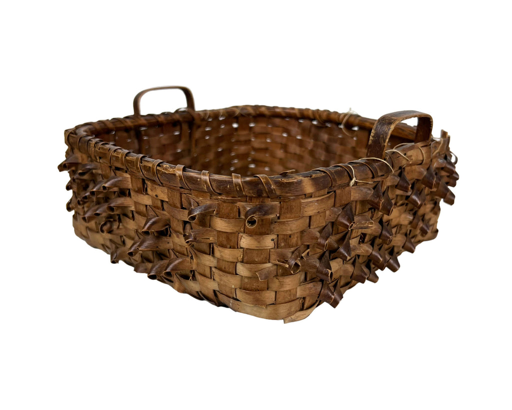 Antique Basket Northeast Native American Handled Curly Splint Algonquin Wabanaki - Poppy's Vintage Clothing