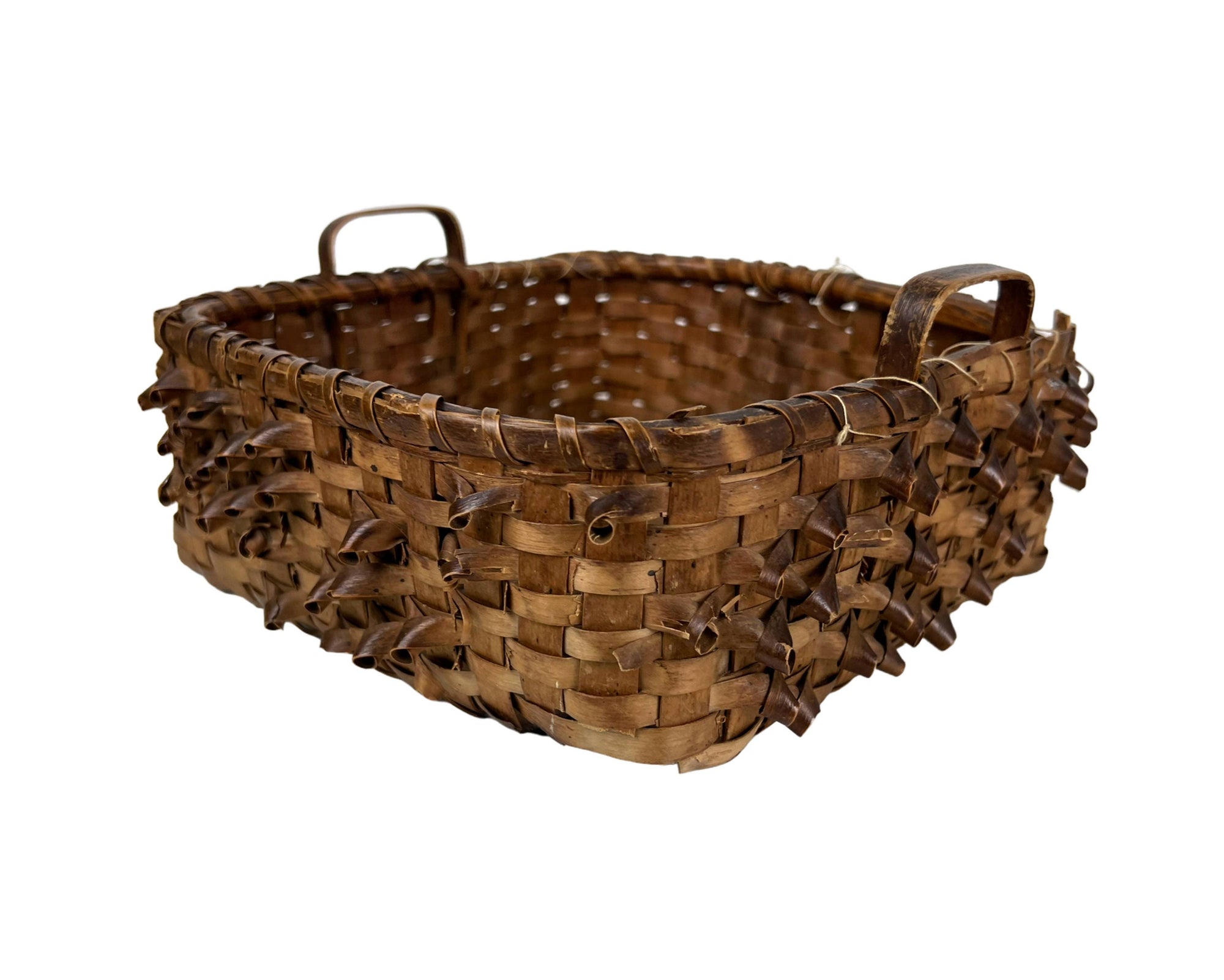 Antique Basket Northeast Native American Handled Curly Splint Algonquin Wabanaki - Poppy's Vintage Clothing
