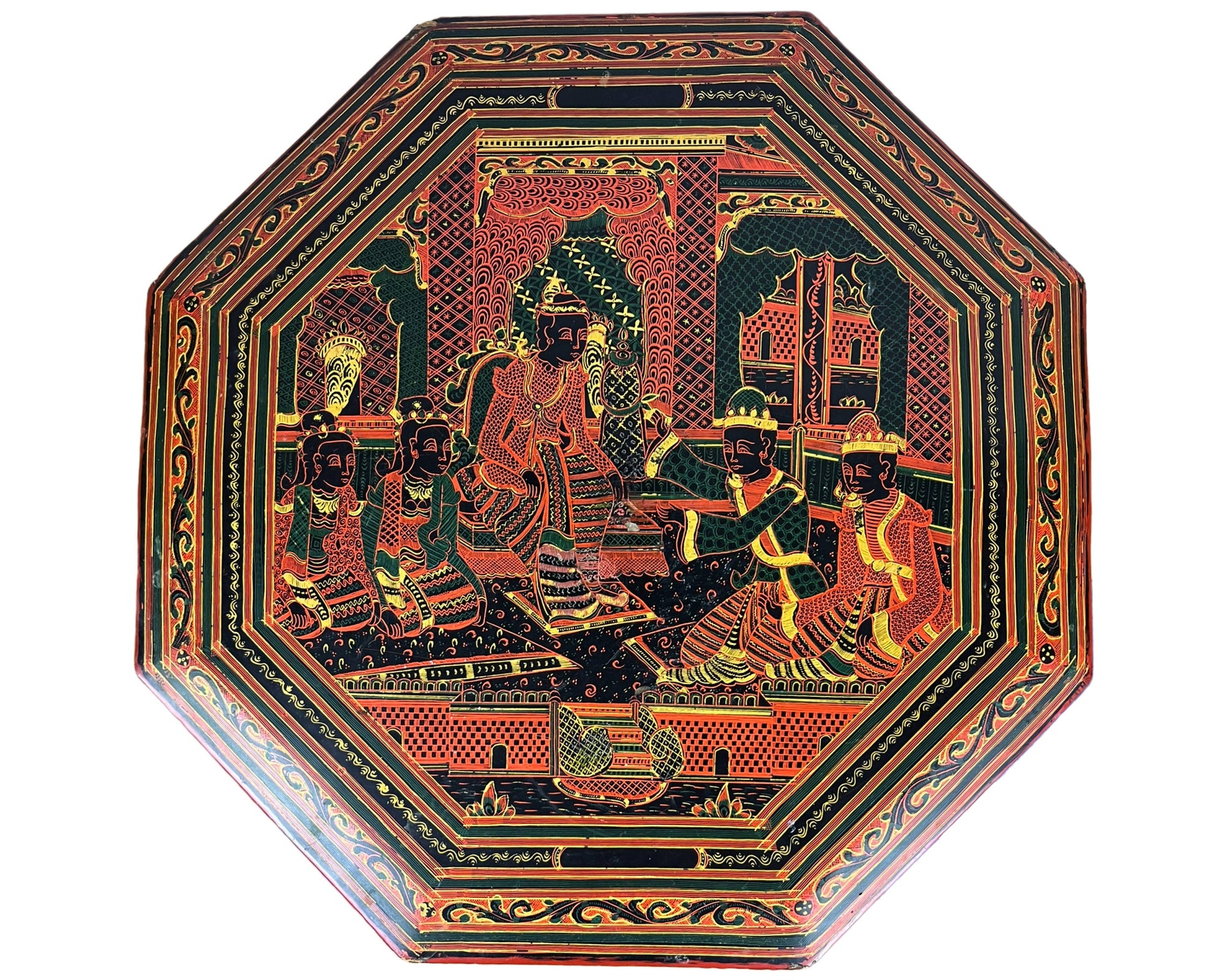 Vintage Burmese Lacquer Table Top Court Scene Burma - Poppy's Vintage Clothing