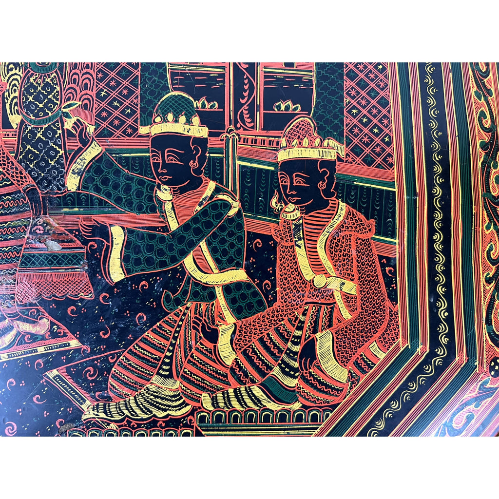 Vintage Burmese Lacquer Table Top Court Scene Burma - Poppy's Vintage Clothing