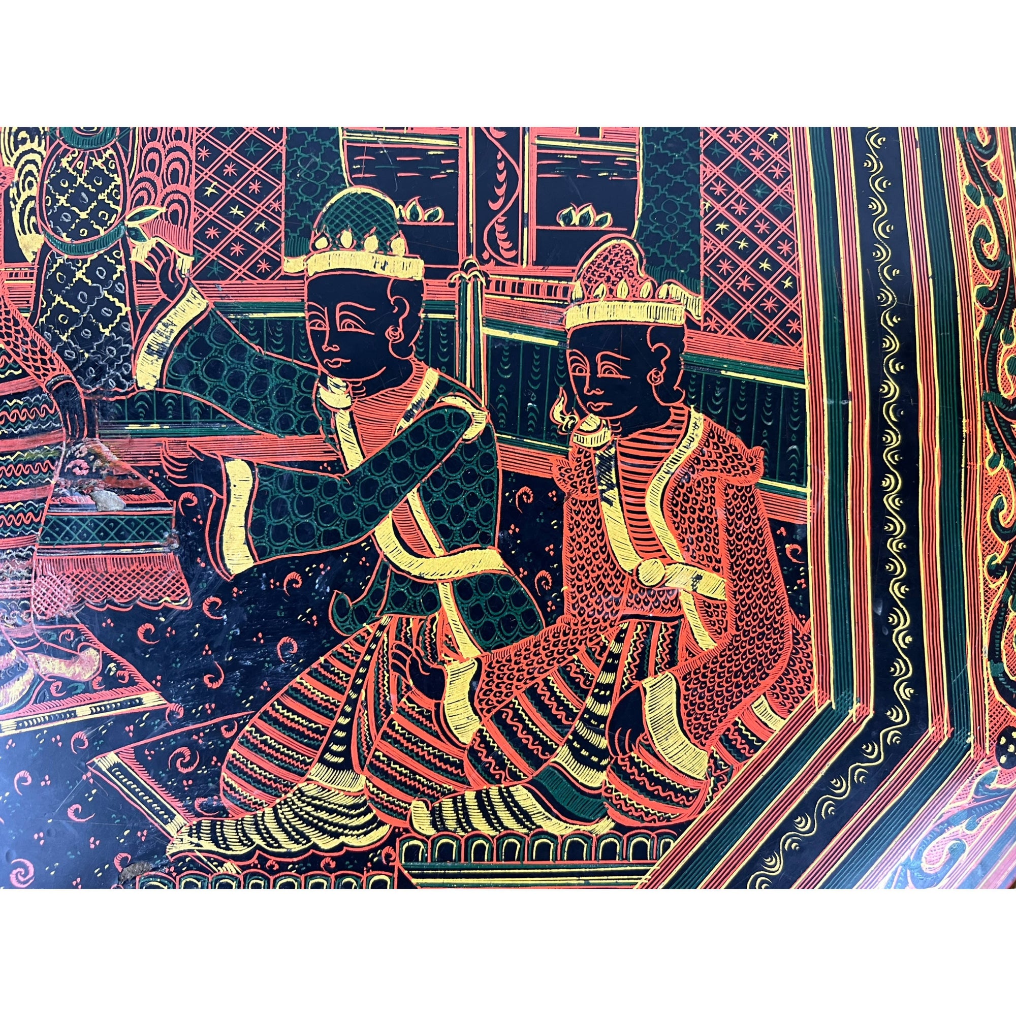 Vintage Burmese Lacquer Table Top Court Scene Burma - Poppy's Vintage Clothing