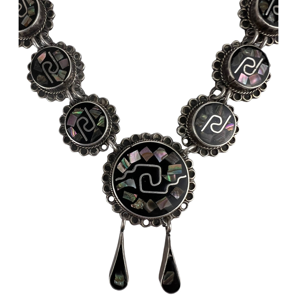 Mexican Sterling Silver Necklace with Onyx & Abalone TC-114 - Poppy's Vintage Clothing