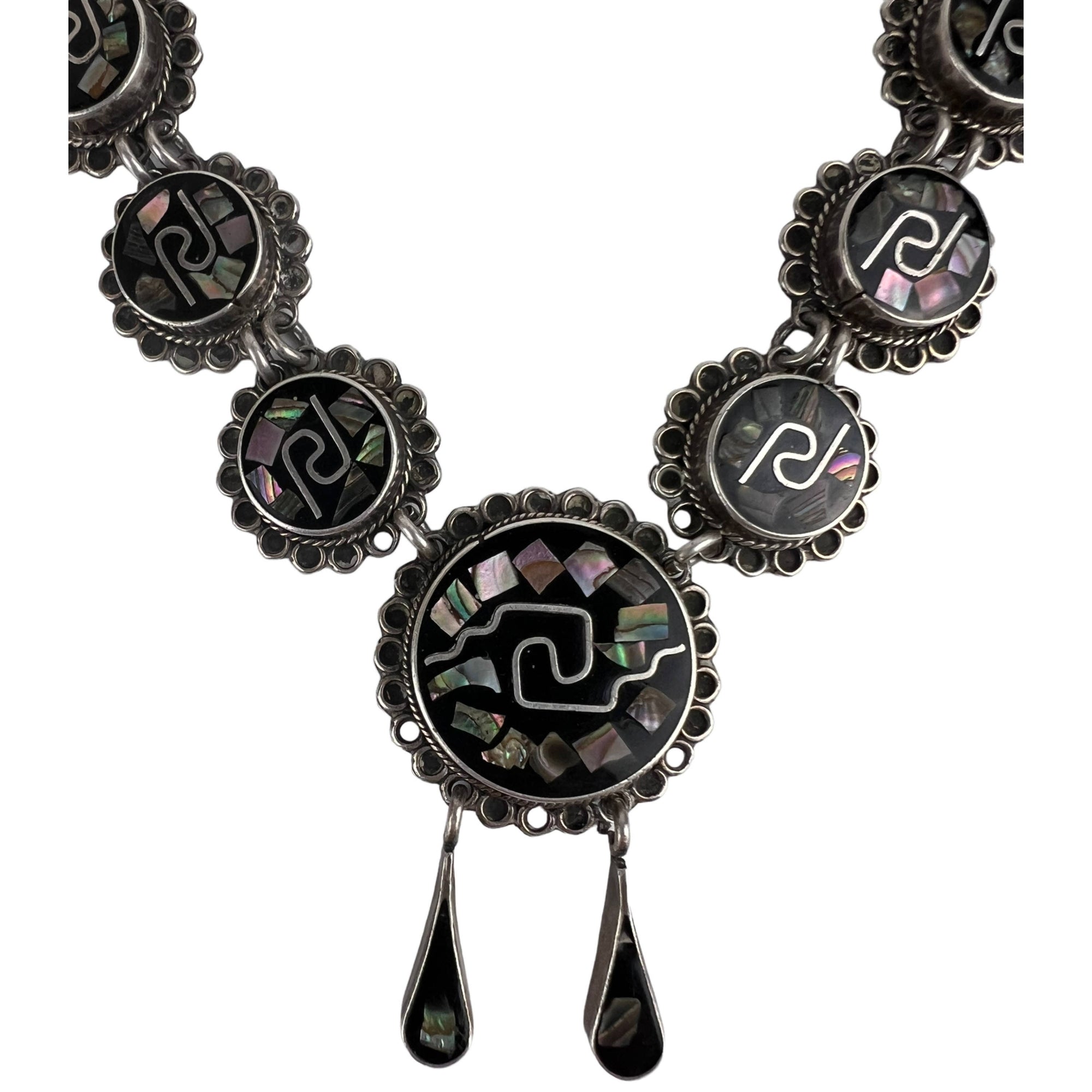 Mexican Sterling Silver Necklace with Onyx & Abalone TC-114 - Poppy's Vintage Clothing