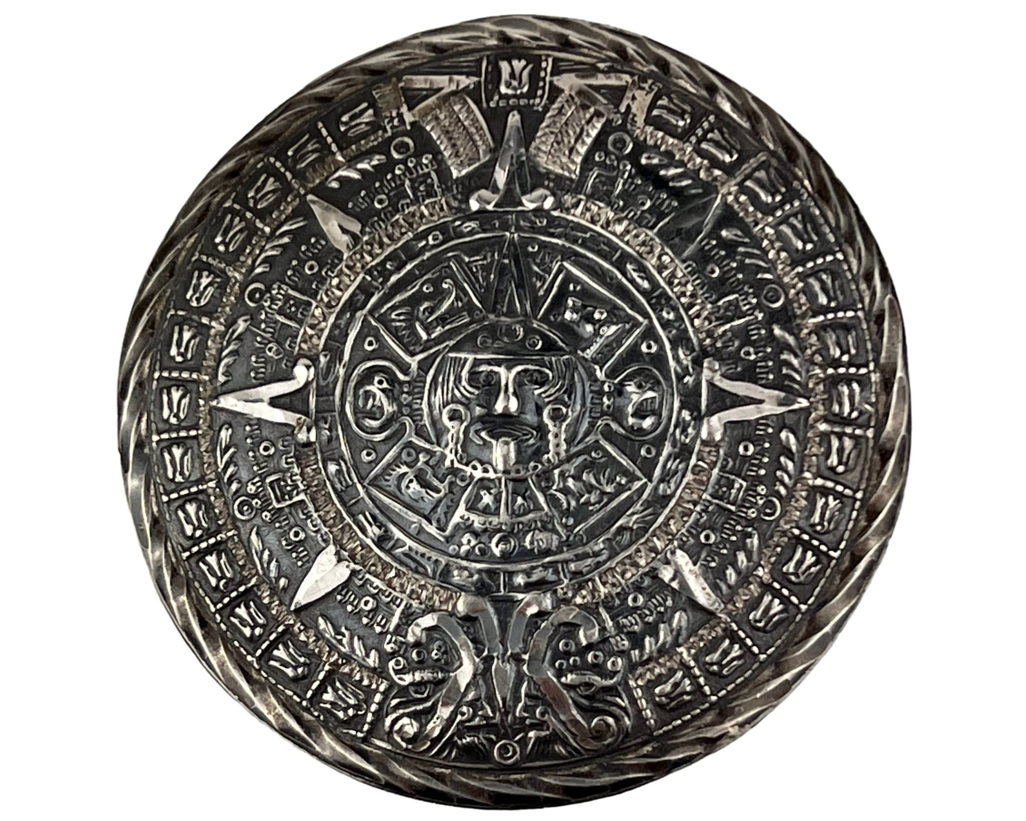 Vintage Mexican Sterling Silver Pendant Brooch Mayan Aztec Calendar Stone 2.25 - Poppy's Vintage Clothing