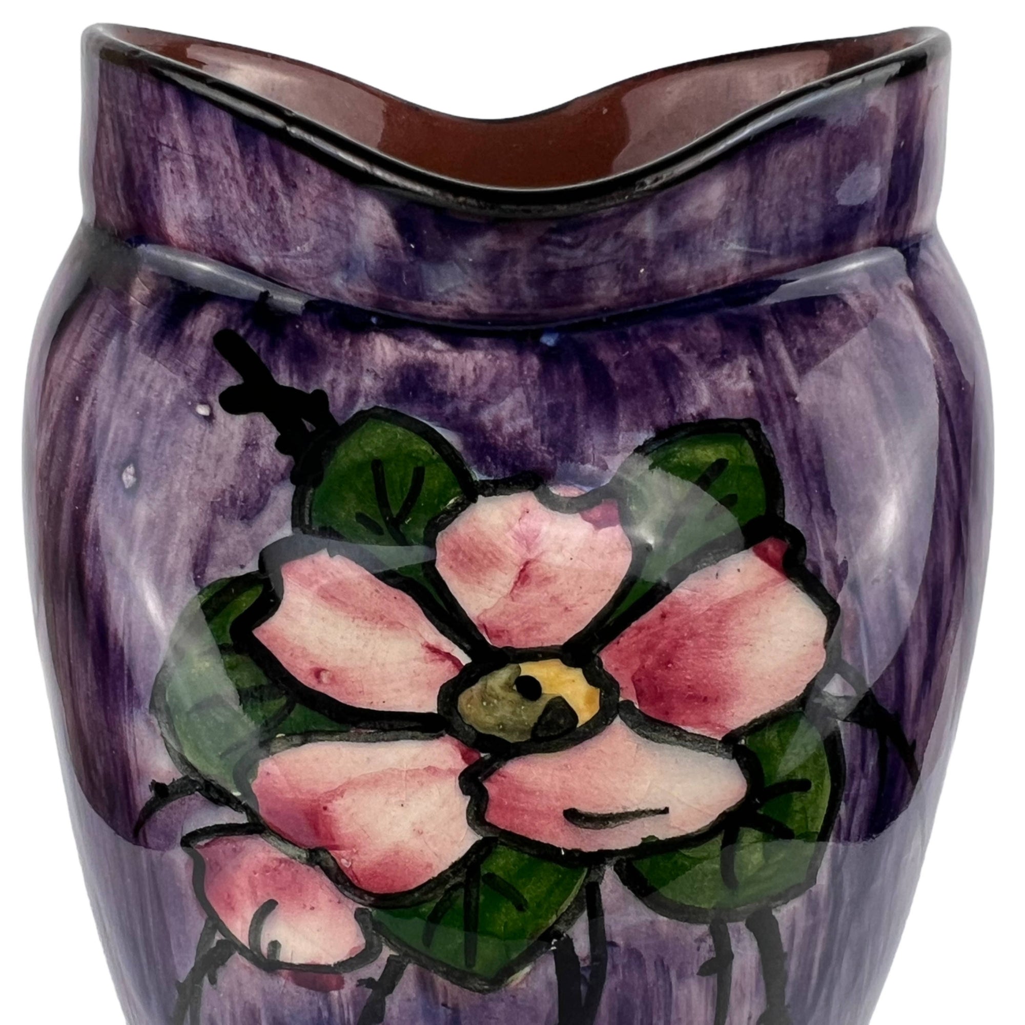 Antique Watcombe Torquay Pinched Pottery Vase Flower Design on Purple - Poppy's Vintage Clothing